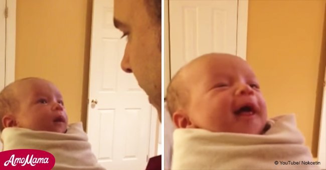 Daddy hilariously scolds three-week-old daughter, saying, 'No more crying'