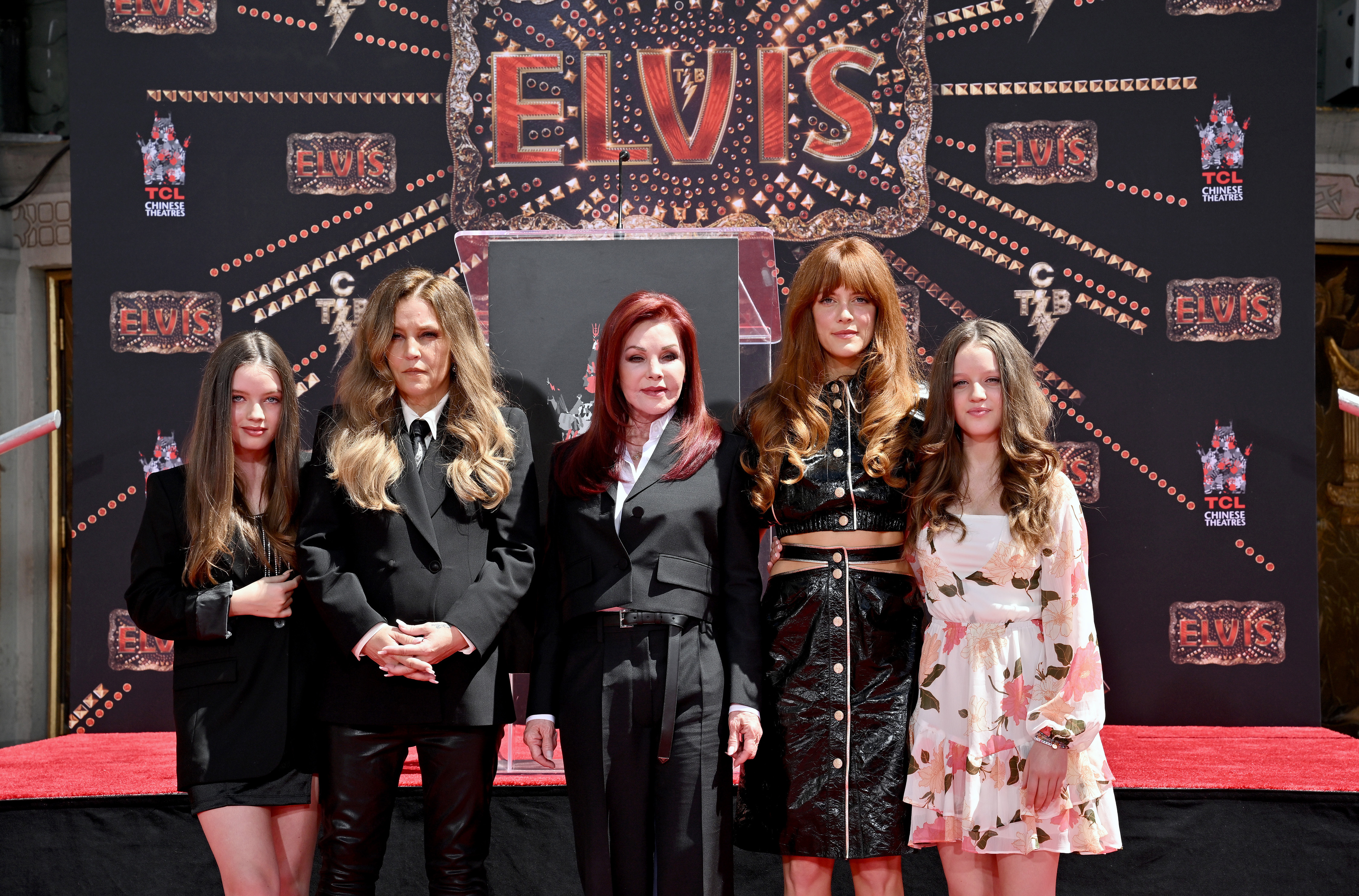 (L-R) Harper Vivienne Ann Lockwood, Lisa Marie Presley, Priscilla Presley, Riley Keough, and Finley Aaron Love Lockwood at TCL Chinese Theatre, on June 21, 2022, in Hollywood, California. | Source: Getty Images