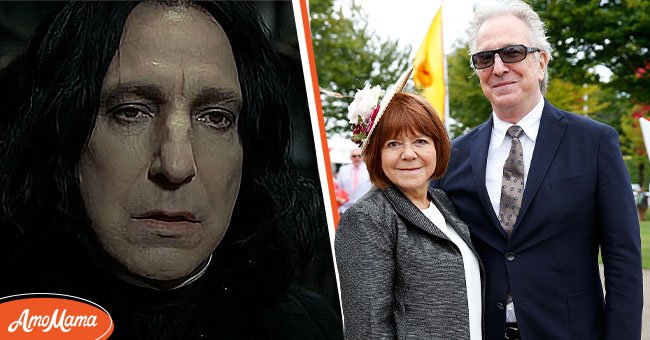 Pictured: (L) Actor and director Alan Rickman as Severus Snape on "Harry Potter." (R) Alan Rickman and his wife Rima Horton | Photo: Getty Images and YouTube/@TheThings
