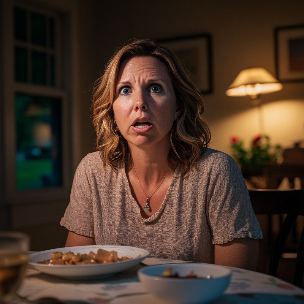 An upset woman sitting at the dinner table | Source: Midjourney