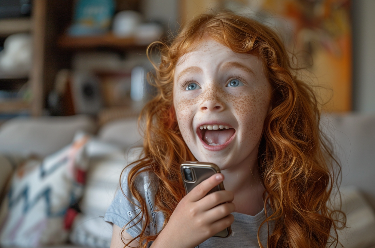 A girl talking excitedly on speakerphone | Source: Midjourney