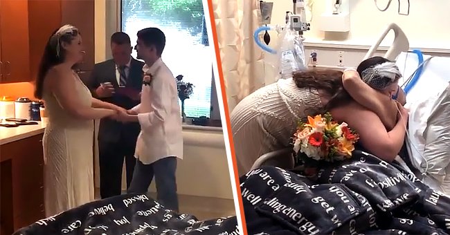 Sean and her fiancé exchanging their vows [left]; Sean in a wedding dress, hugging her grandmother Avis Russell who is lying in a hospital bed [right]. │Source: facebook.com/methodisthealthcaresa