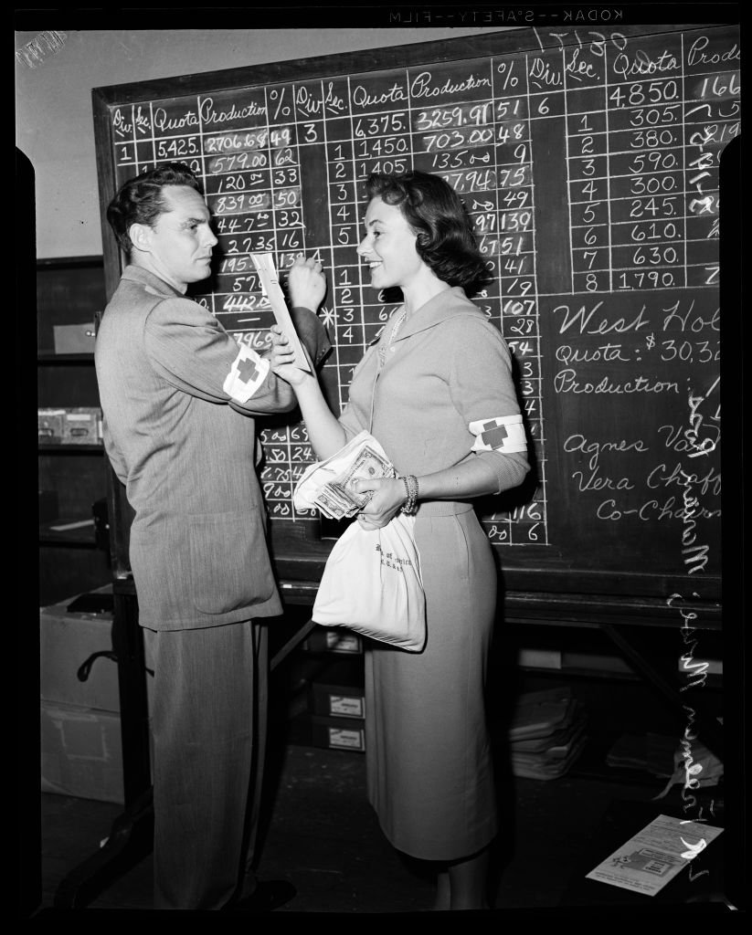 Marion Ross and Freeman Morse compute data on Red Cross blitz drive held in Movie CityFor release March 15, 1957 | Source: Getty Images