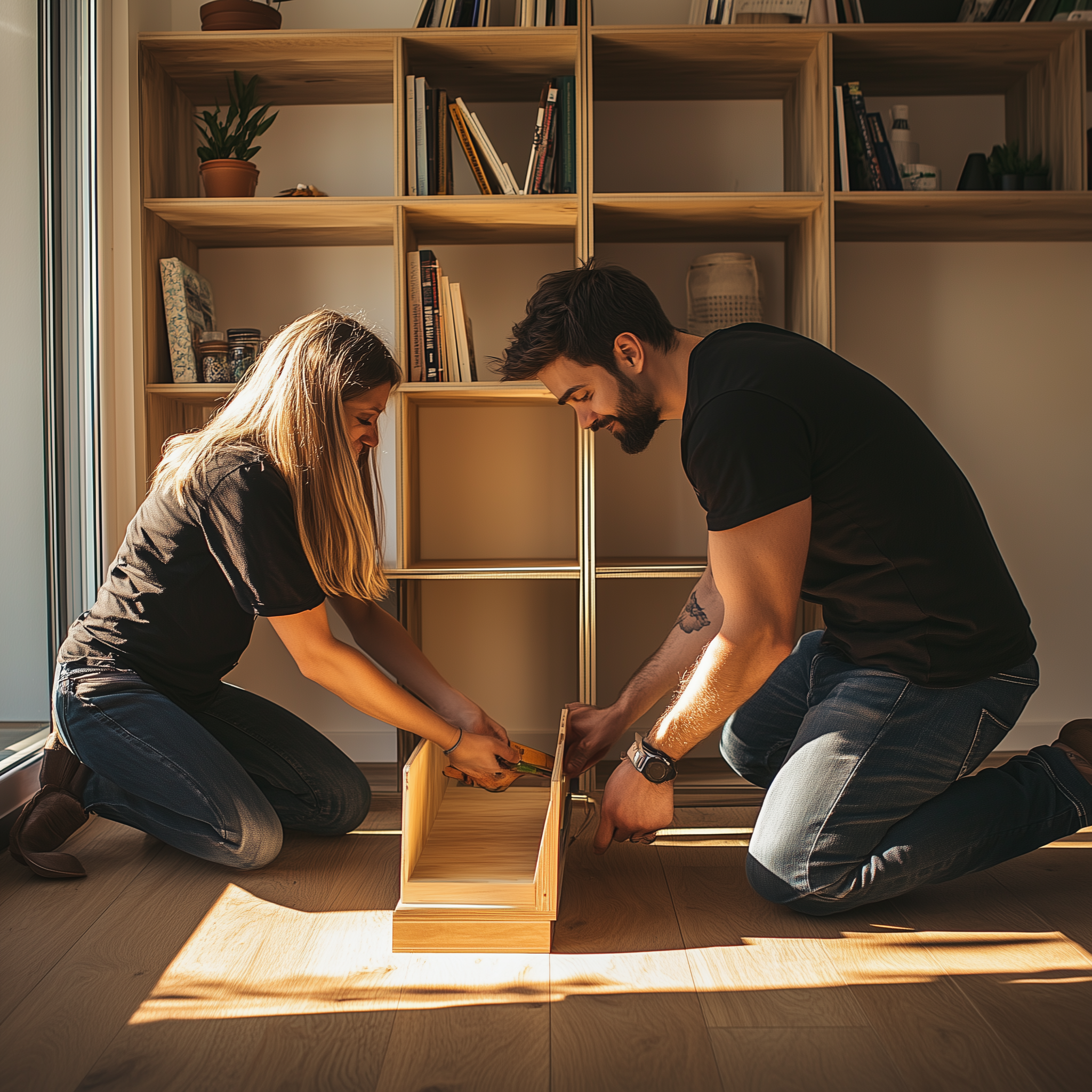 A couple putting together a bookshelf | Source: Midjourney