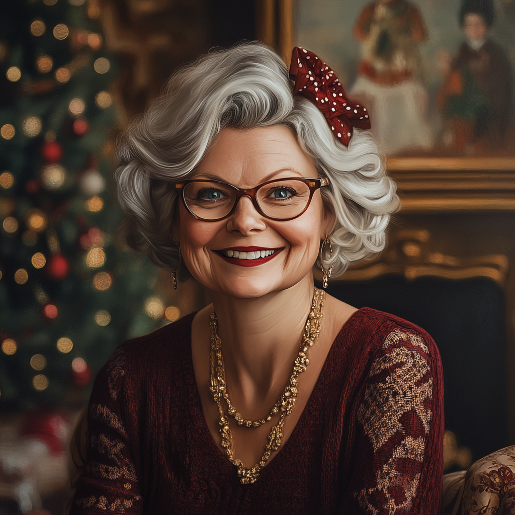 A cheerful older woman sitting on the couch | Source: Midjourney