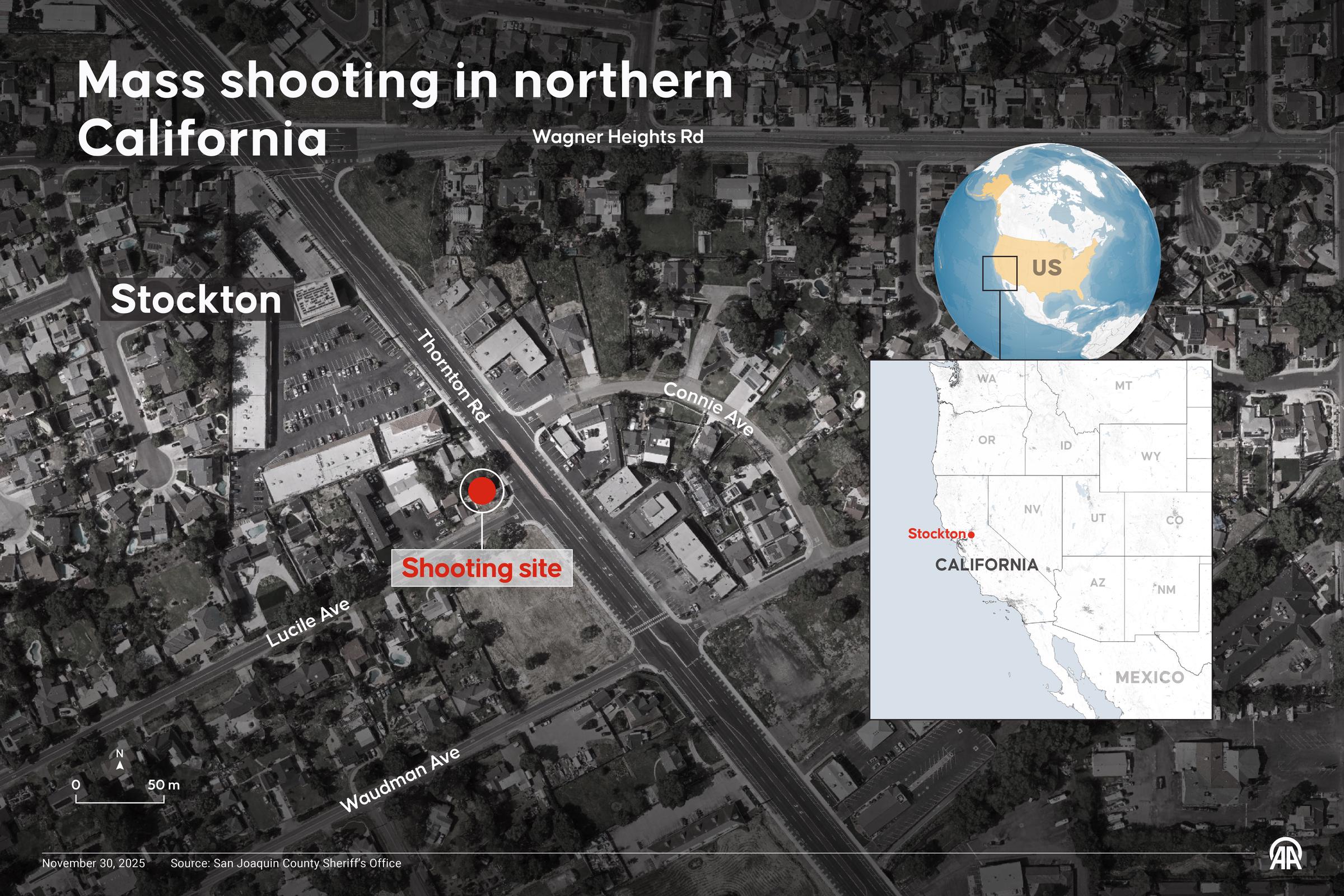 An infographic titled "Mass shooting in northern California" created in Ankara, Turkiye, on November 30, 2025 | Source: Getty Images