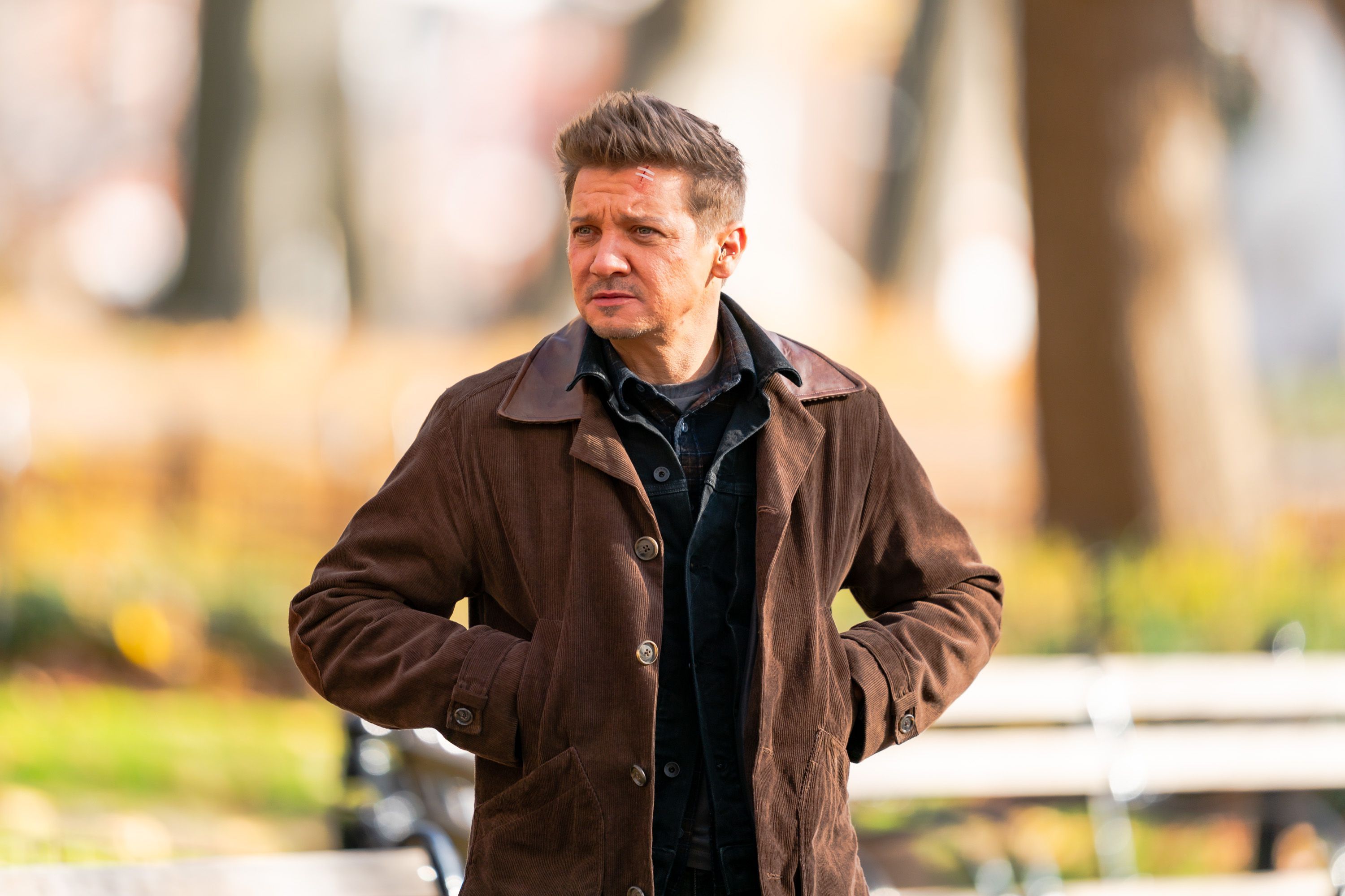 Jeremy Renner is seen filming "Hawkeye" in Washington Square Park, on December 3, 2020, in New York City. | Source: Getty Images