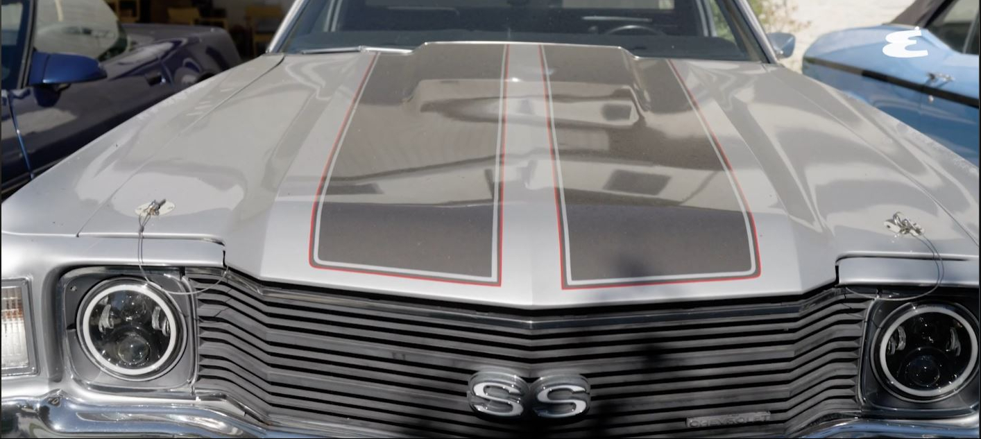 A close-up of the front end of Wiz Khalifa's 1972 Chevrolet El Camino, a classic muscle vehicle he received as a gift and kept largely unchanged. | Source: YouTube/Esquire