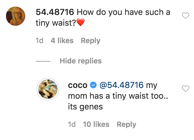 A fan commented on a photo of Coco Austin wearing a monokini while posing poolside on patio furniture | Source: Instagram.com/coco