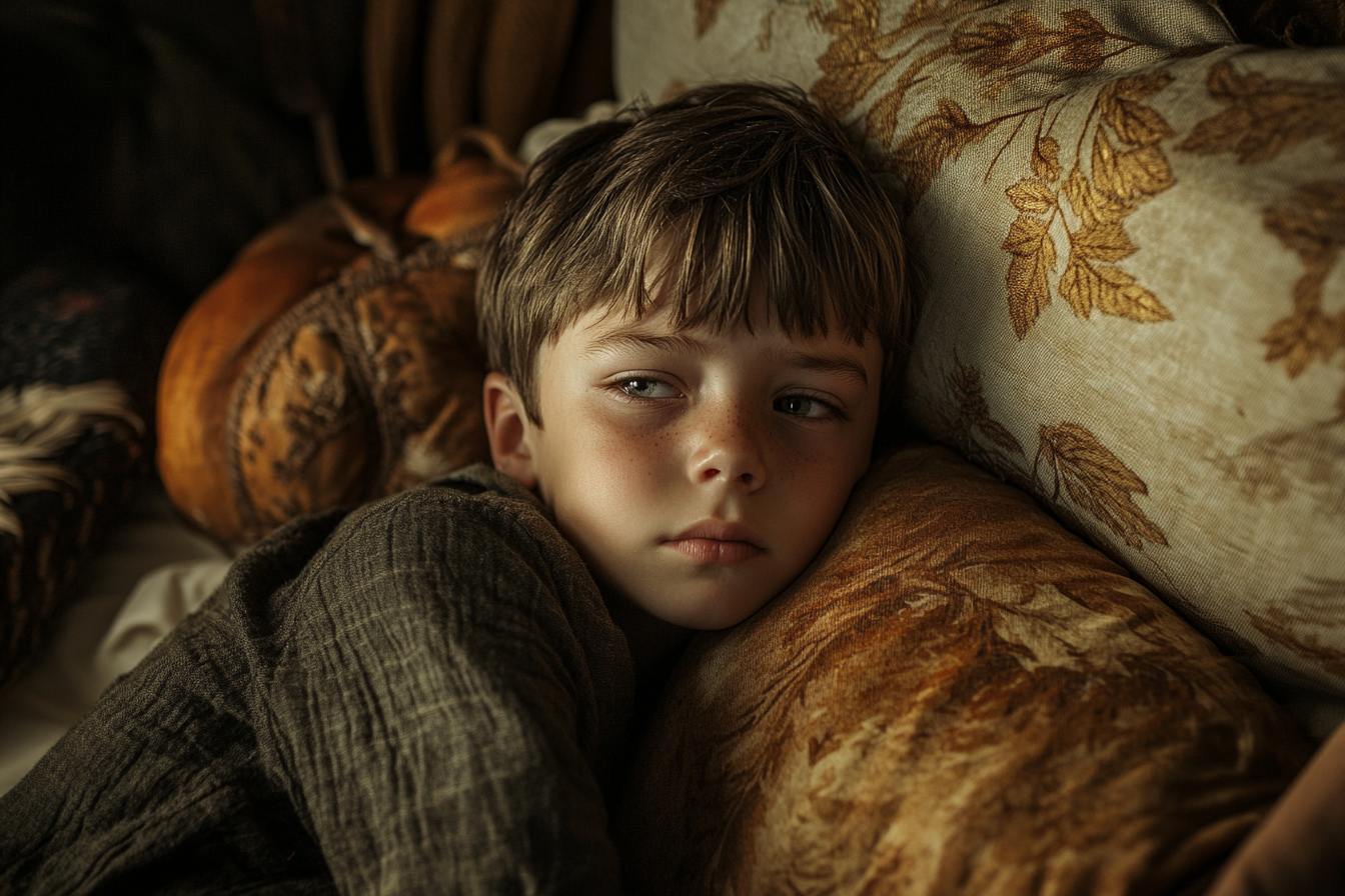 A kid in bed looking sad | Source: Midjourney