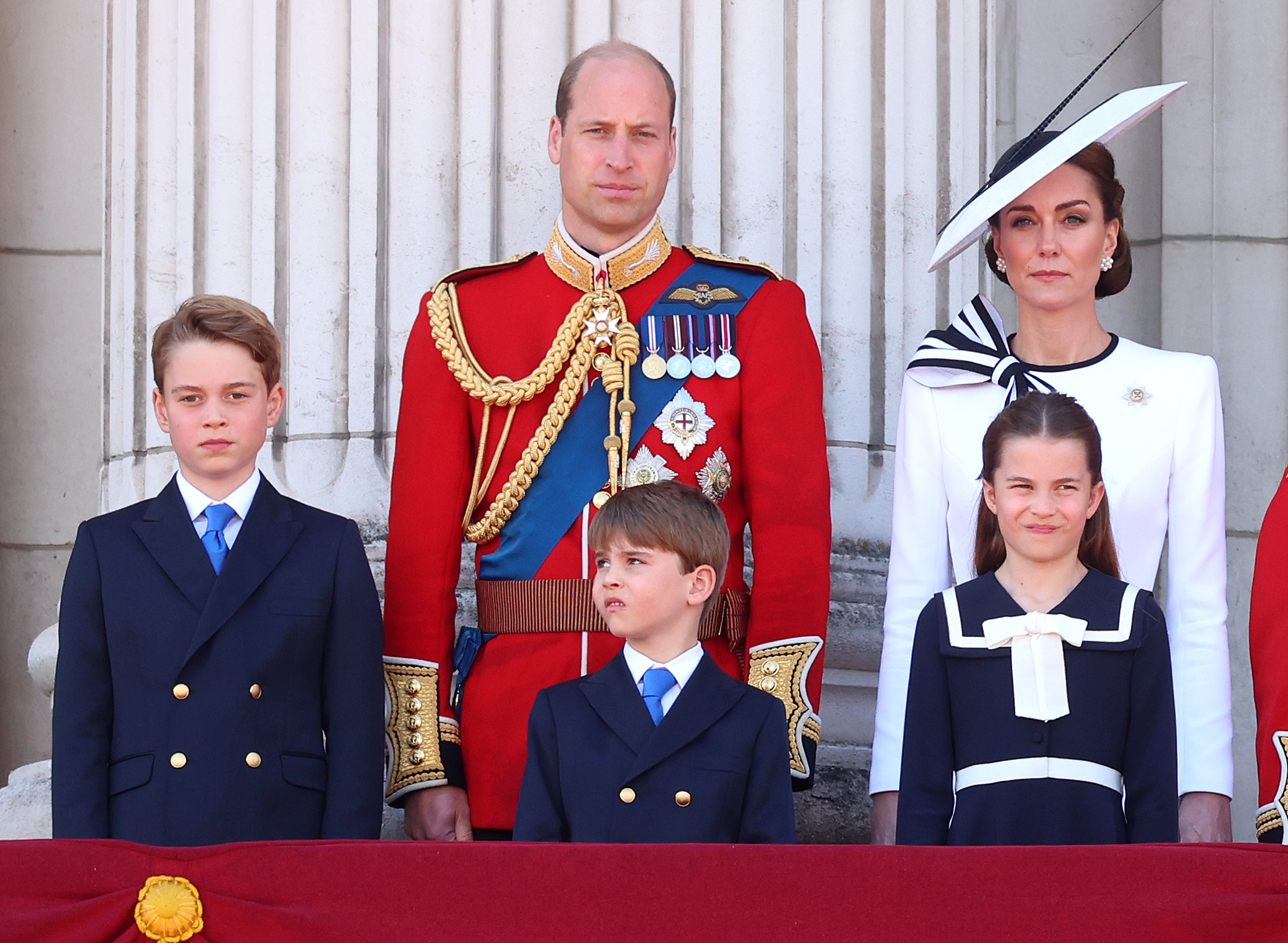 Prince George, Prince William, Prince Louis, Catherine, Princess of Wales, and Princess Charlotte on the balcony during Trooping the Colour at Buckingham Palace on June 15, 2024, in London, England | Source: Getty Images
