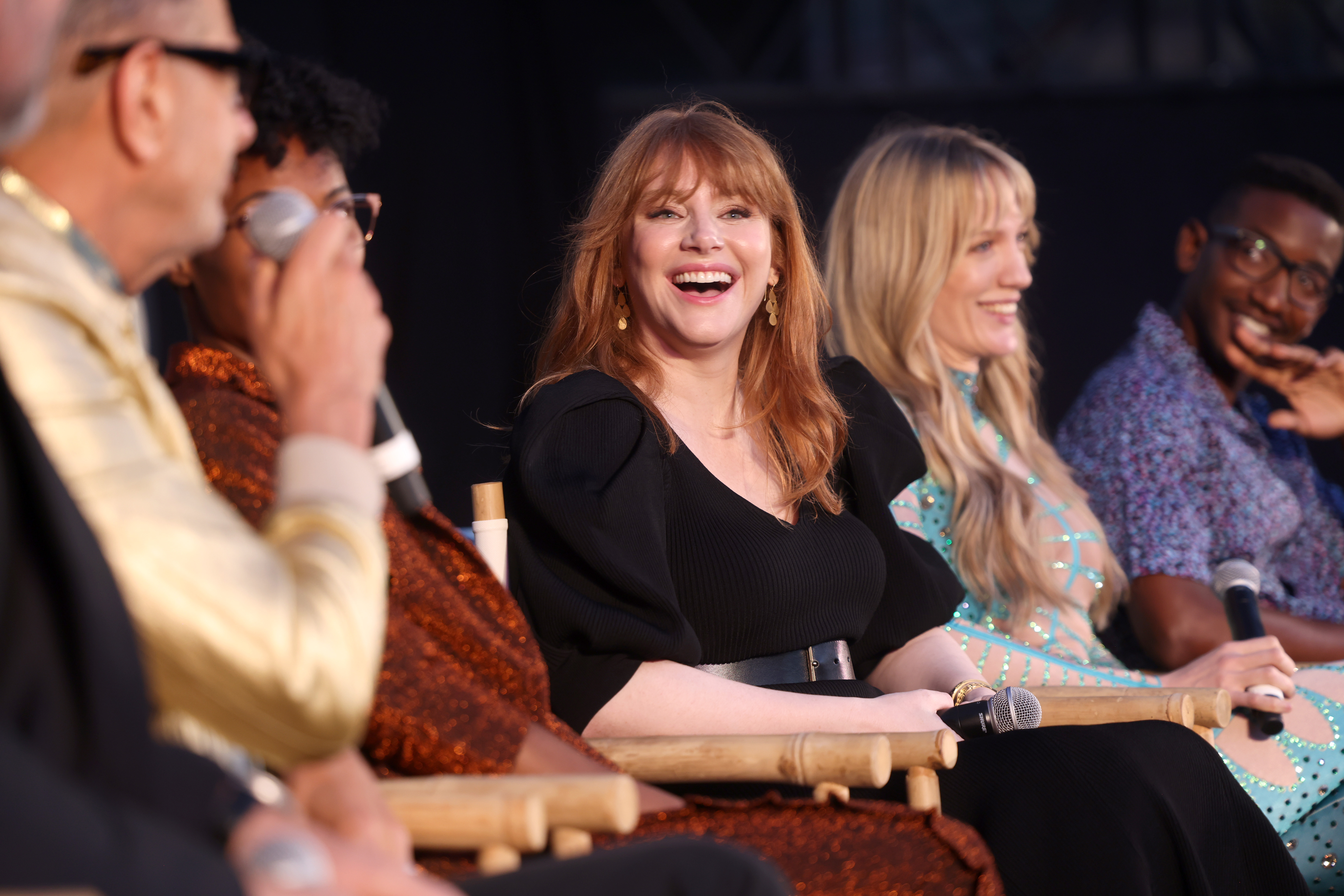 Jeff Goldblum, DeWanda Wise, Bryce Dallas Howard, Emily Carmichael, and Mamoudou Athie speak onstage during Charlize Theron's Africa Outreach Project (CTAOP) Block Party at Universal Studios Backlot on June 11, 2022 in Universal City, California | Source: Getty Images