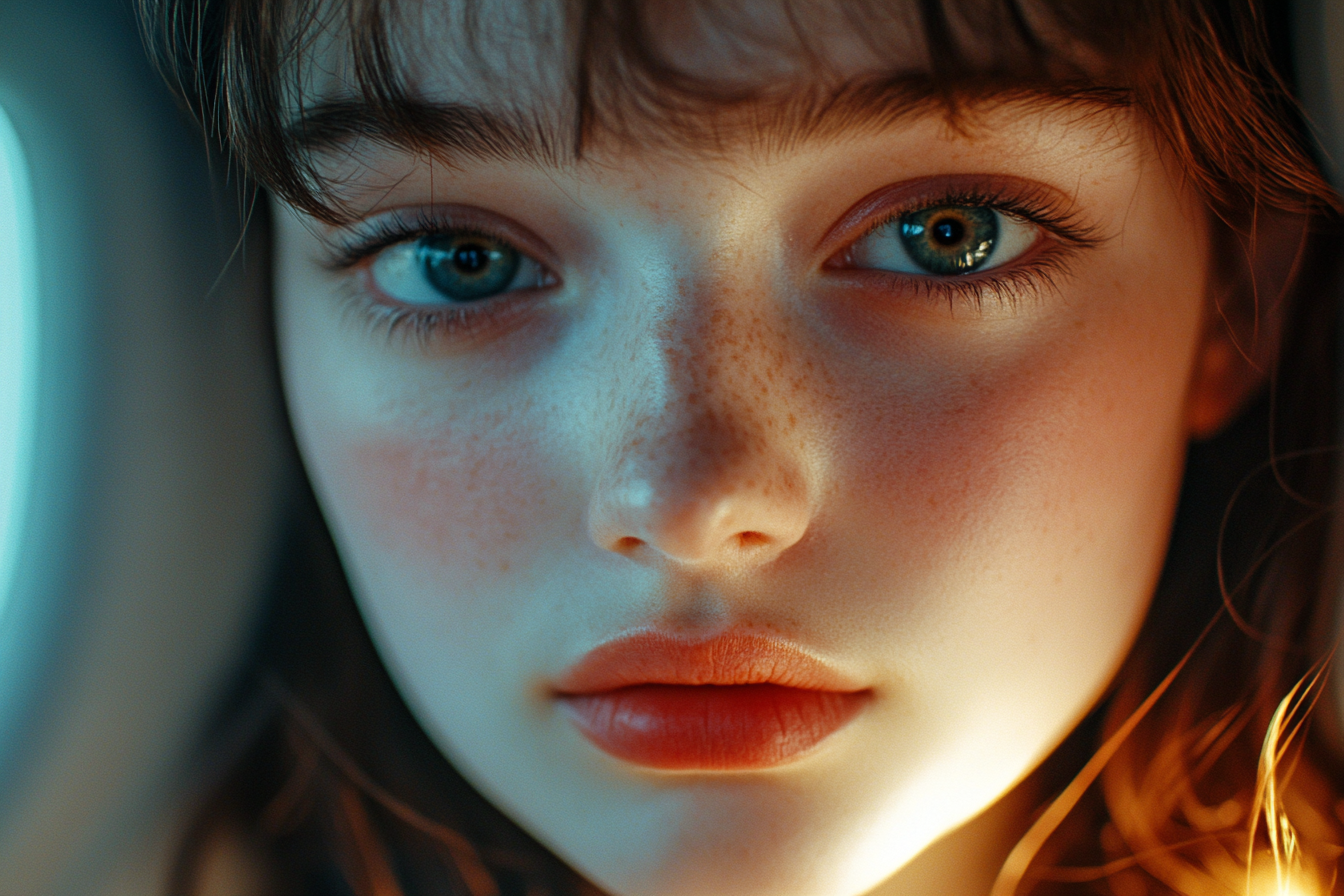 A close-up shot of a woman in an airplane, looking straight ahead | Source: Midjourney