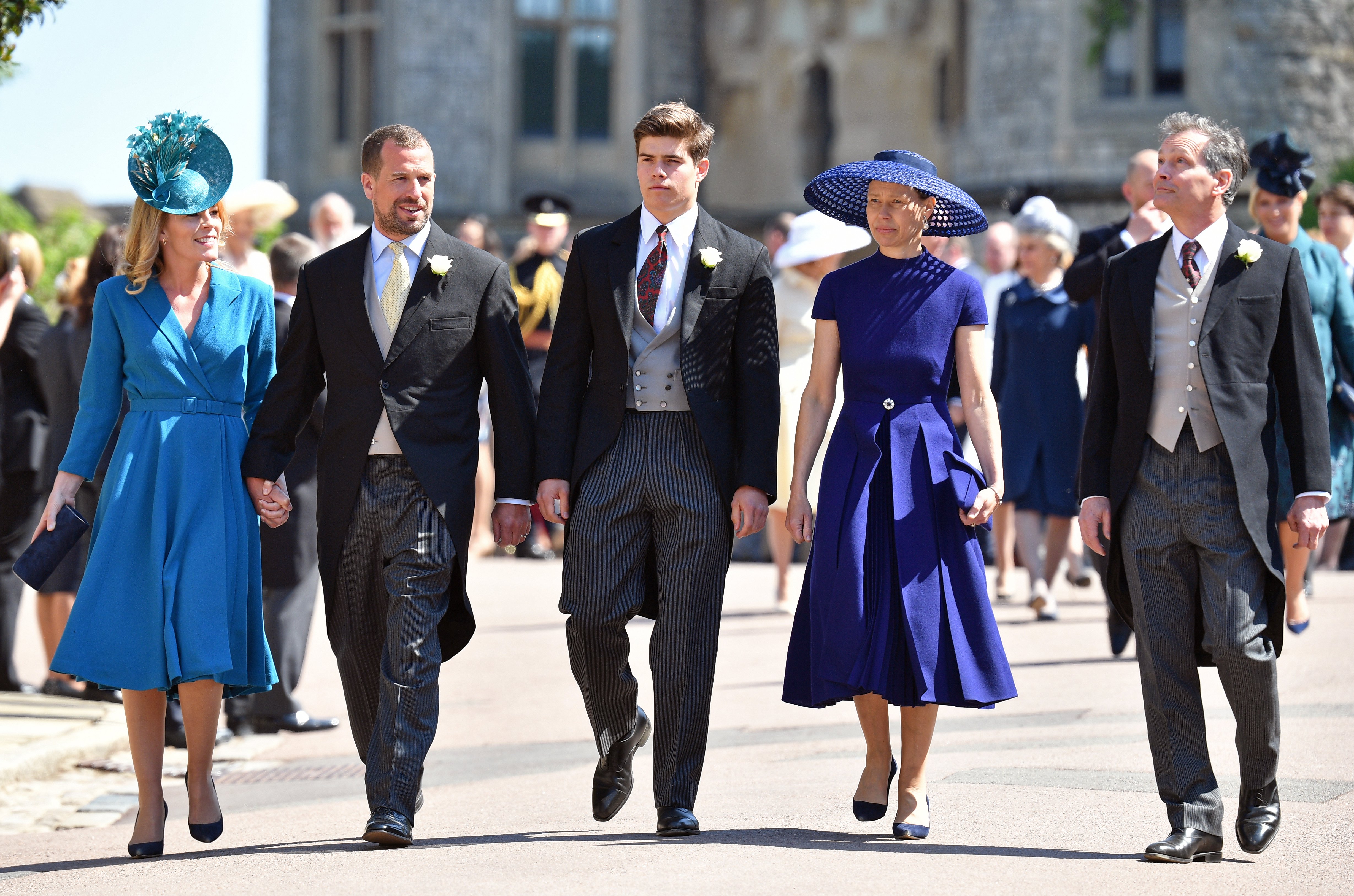 Autumn Phillips, Peter Phillips, Arthur Chatto, Lady Sarah Chatto and Daniel Chatto attend the wedding of Prince Harry to Ms Meghan Markle on May 19, 2018, in Windsor, England. | Source: Getty Images.