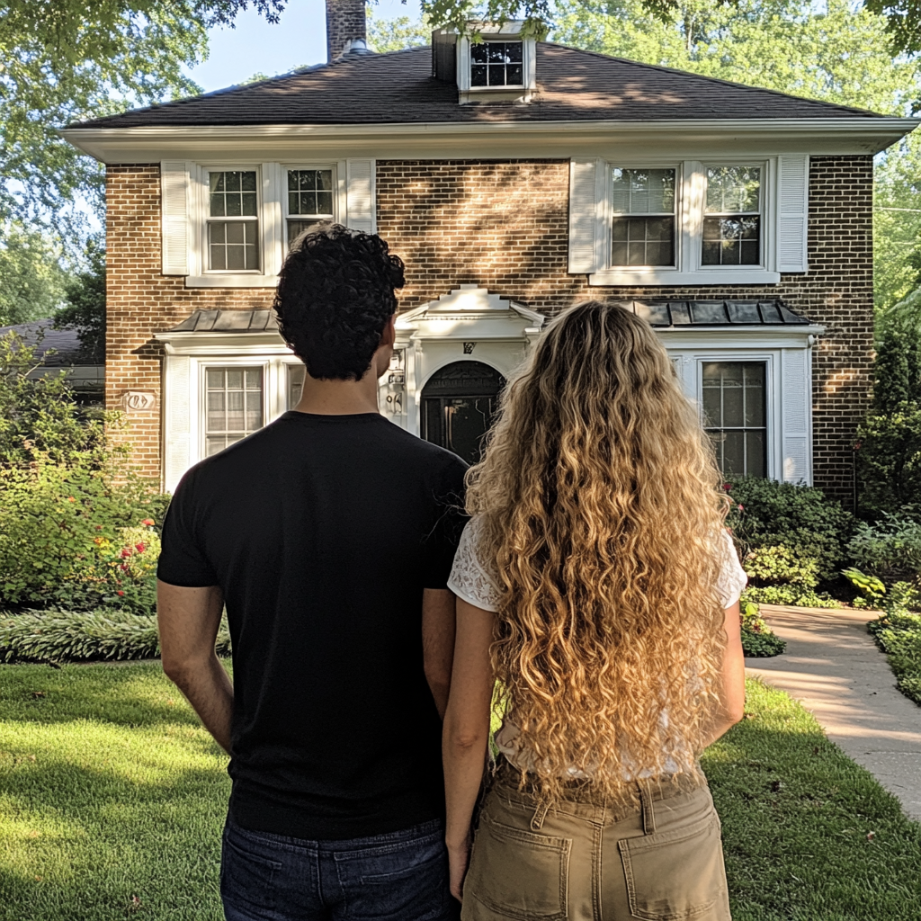 A couple standing in front of a house | Source: Midjourney