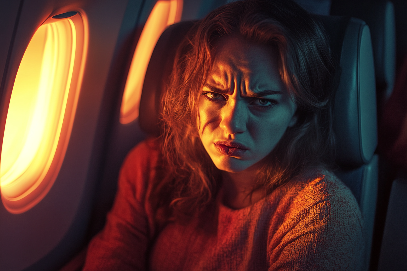 An annoyed woman sitting in an airplane | Source: Midjourney