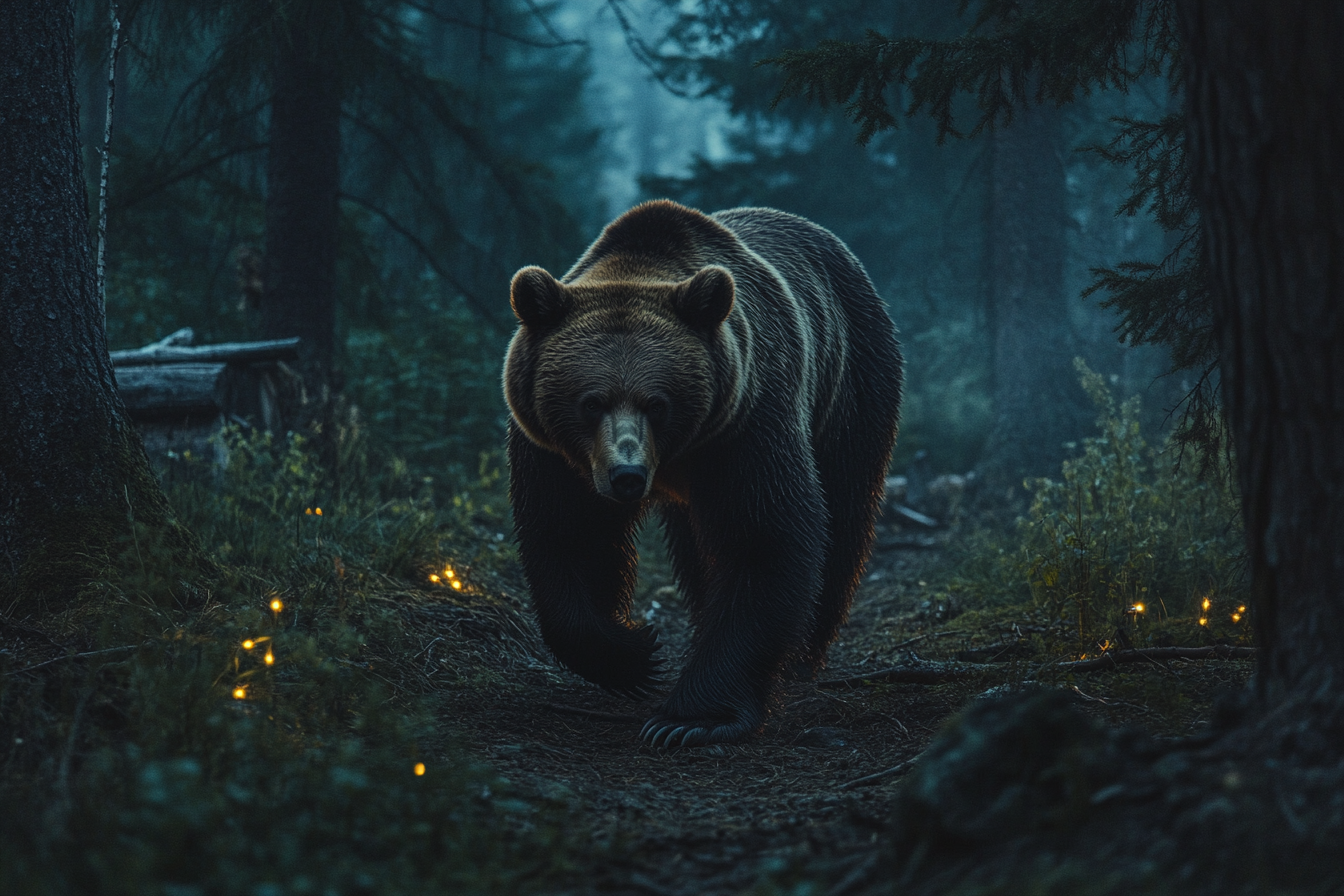 A bear approaching a camp site | Source: Midjourney