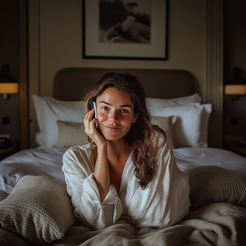 Woman in a hotel room making a phone call | Source: Midjourney