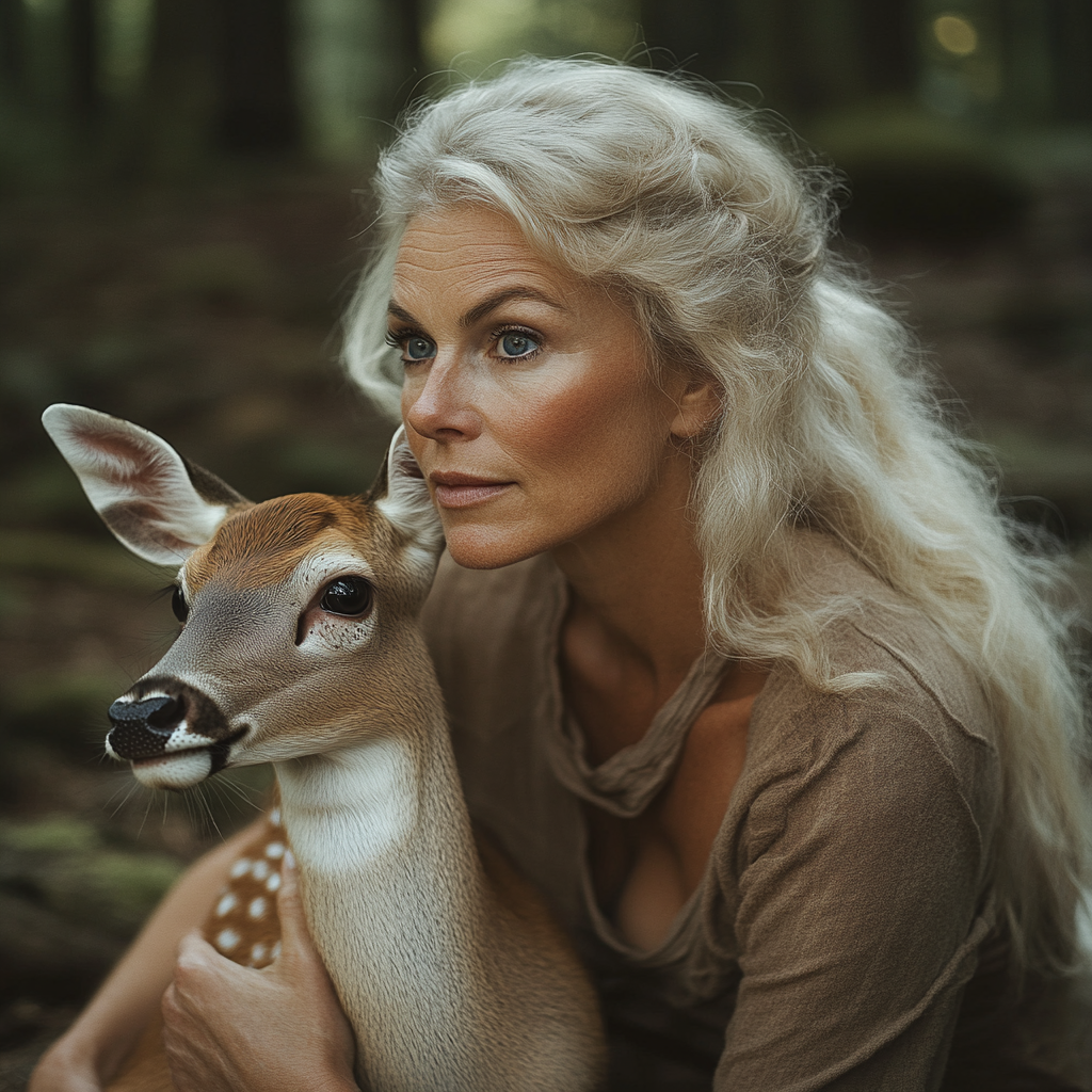 A woman holding a deer | Source: Midjourney