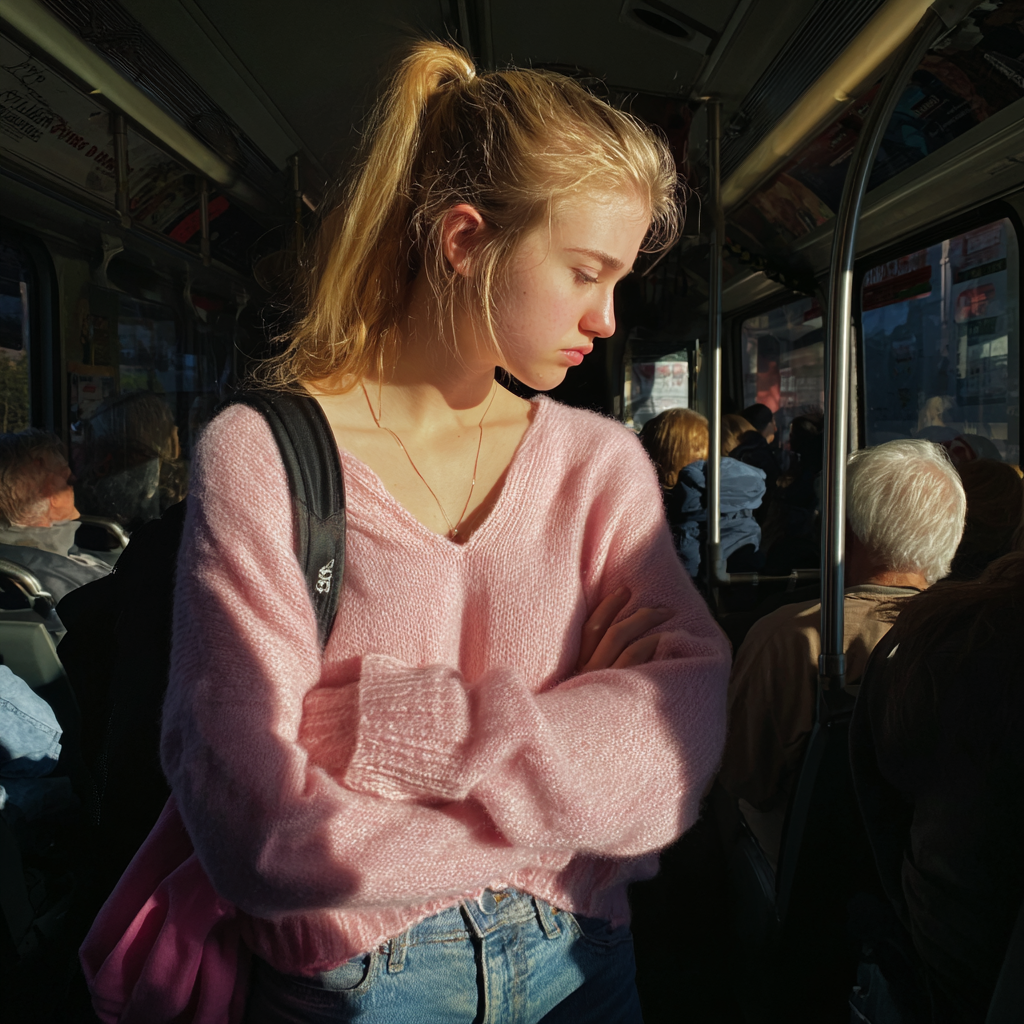 A teenage girl standing on a bus | Source: Midjourney