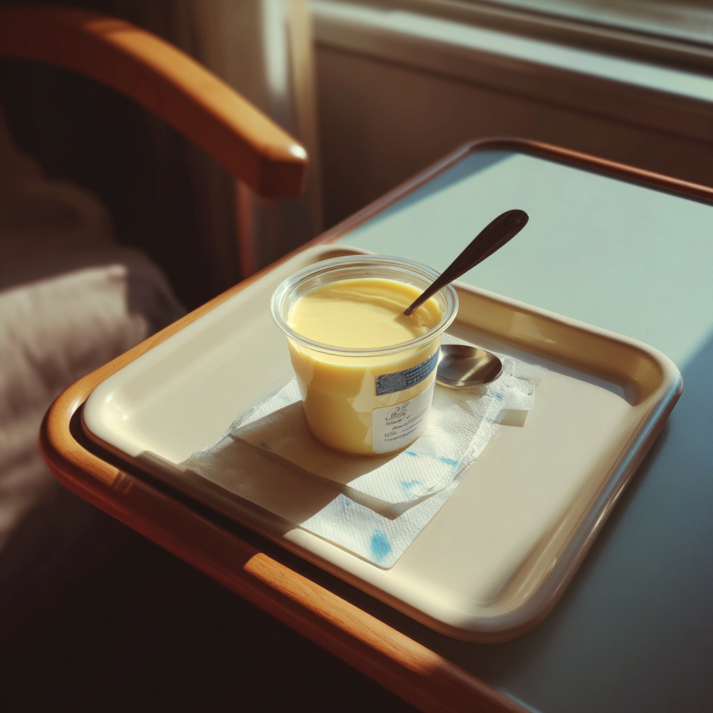 A container of custard on a hospital tray | Source: Midjourney