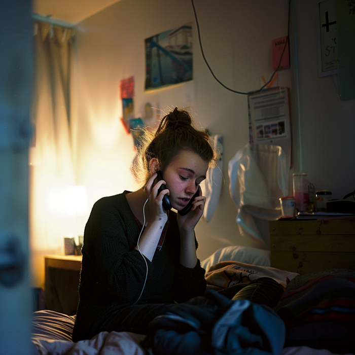 A young woman talking on her phone in her room | Source: Midjourney