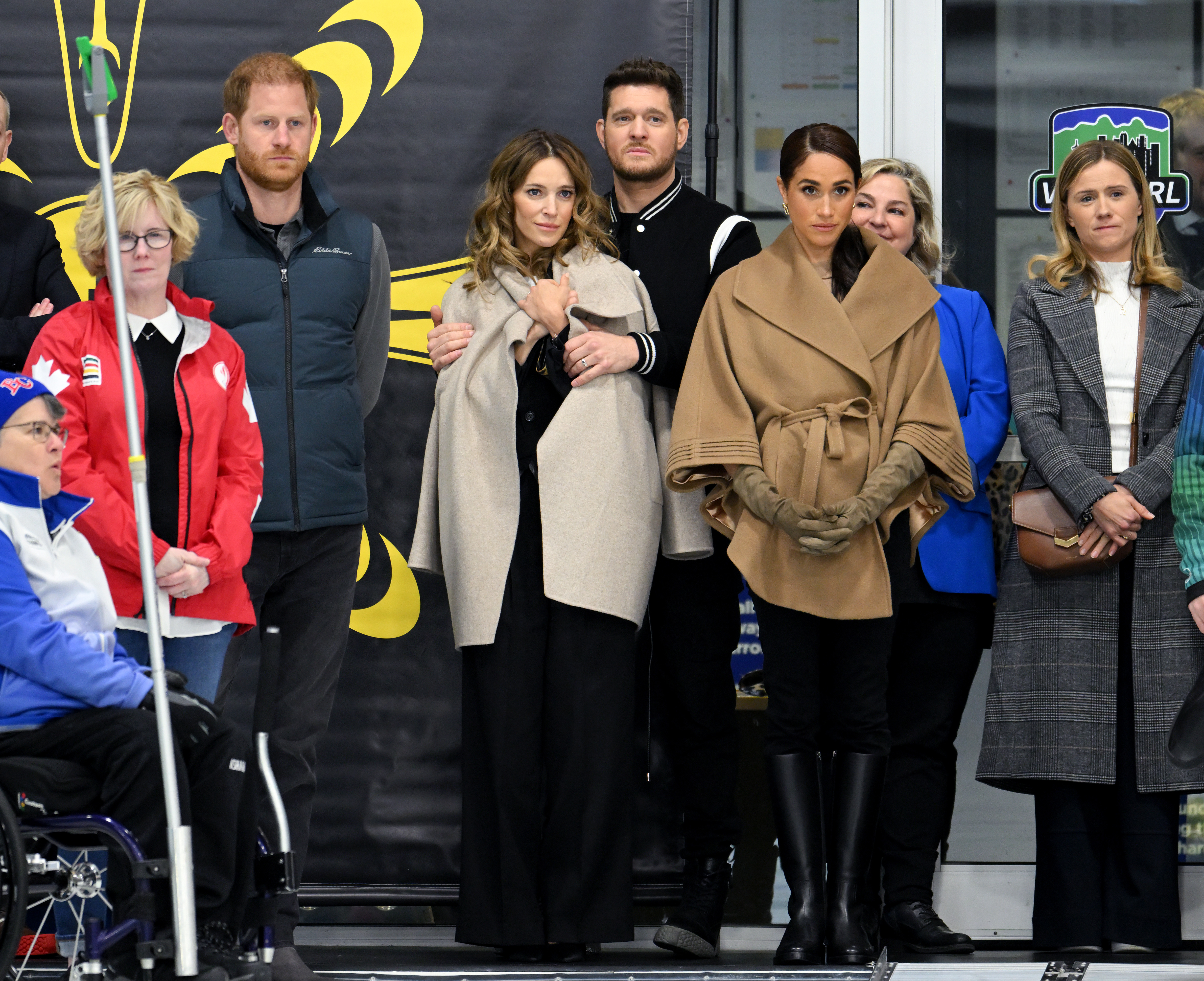 Prince Harry, Luisana Lopilato, Michael Bublé and Meghan Markle at the Invictus Games Vancouver Whistler 2025's One Year To Go Winter Training Camp | Source: Getty Images