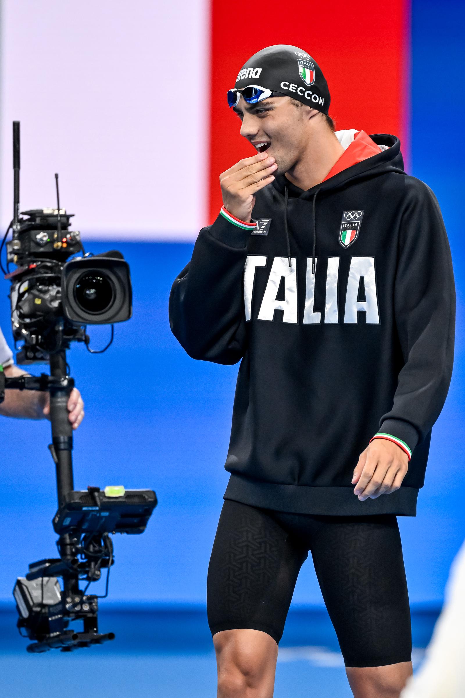 Thomas Ceccon heads for the Men's 100m Backstroke Final at the 2024 Paris Olympics at La Defense Arena on July 29, 2024 | Source: Getty Images.