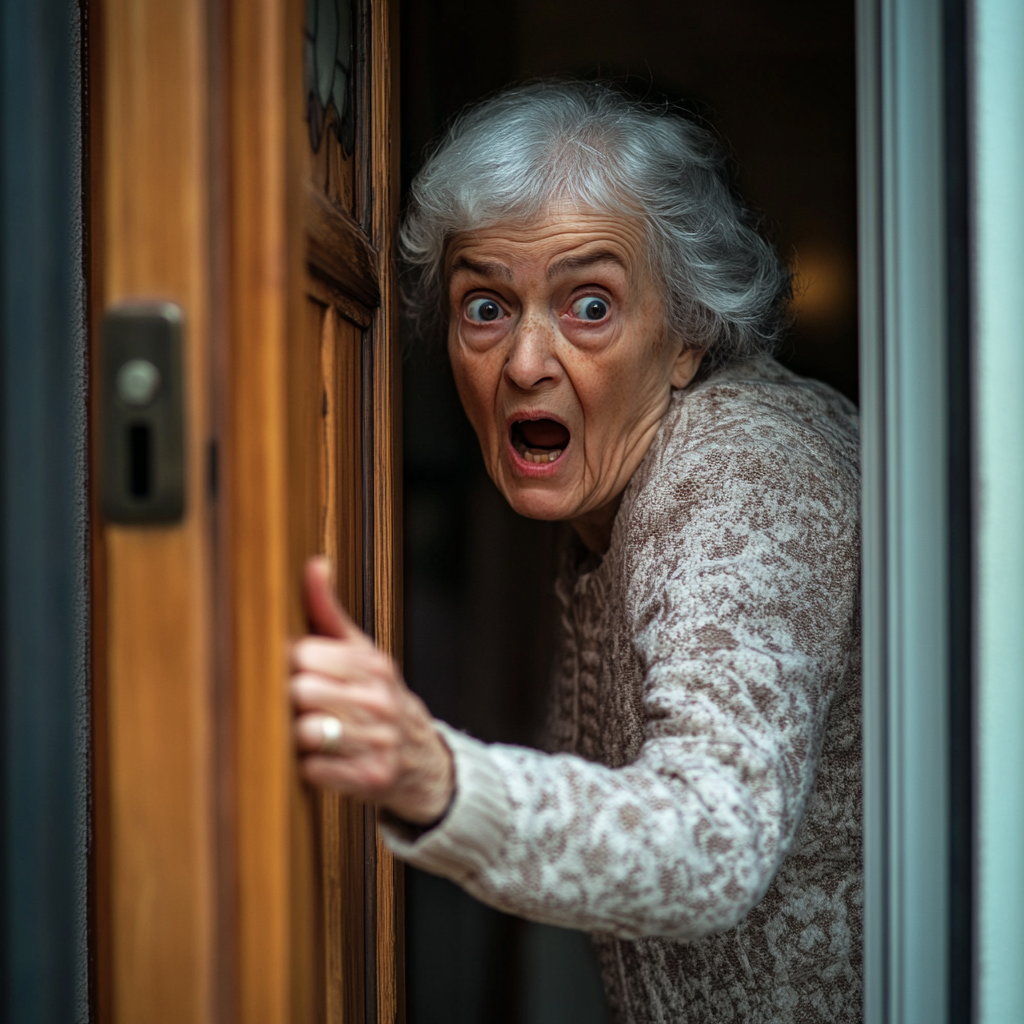 A shocked elderly woman opening her door | Source: Midjourney