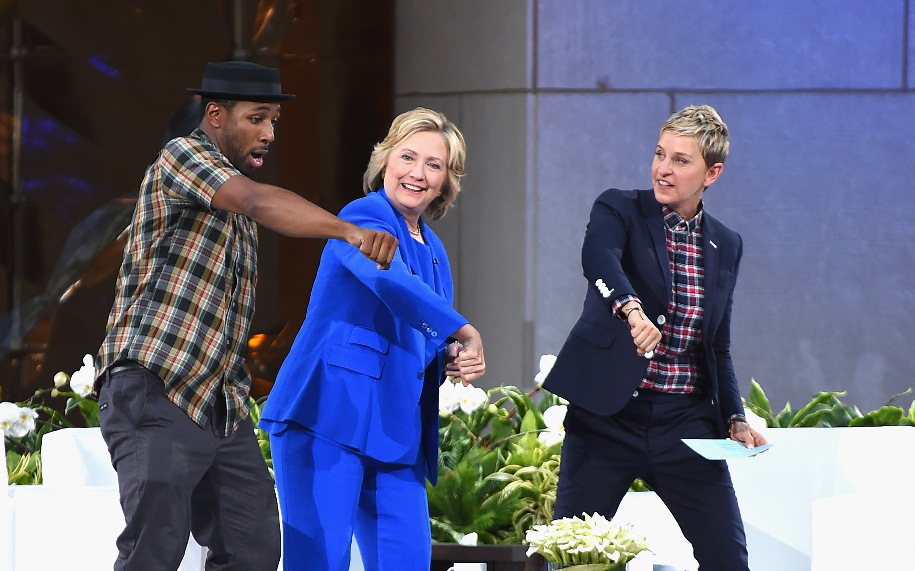 DJ Stephen 'tWitch' Boss, Hillary Clinton, and Ellen DeGeneres at a taping of "The Ellen DeGeneres Show" Season 13, Rockefeller Center, New York City on September 8, 2015 | Source: Getty Images