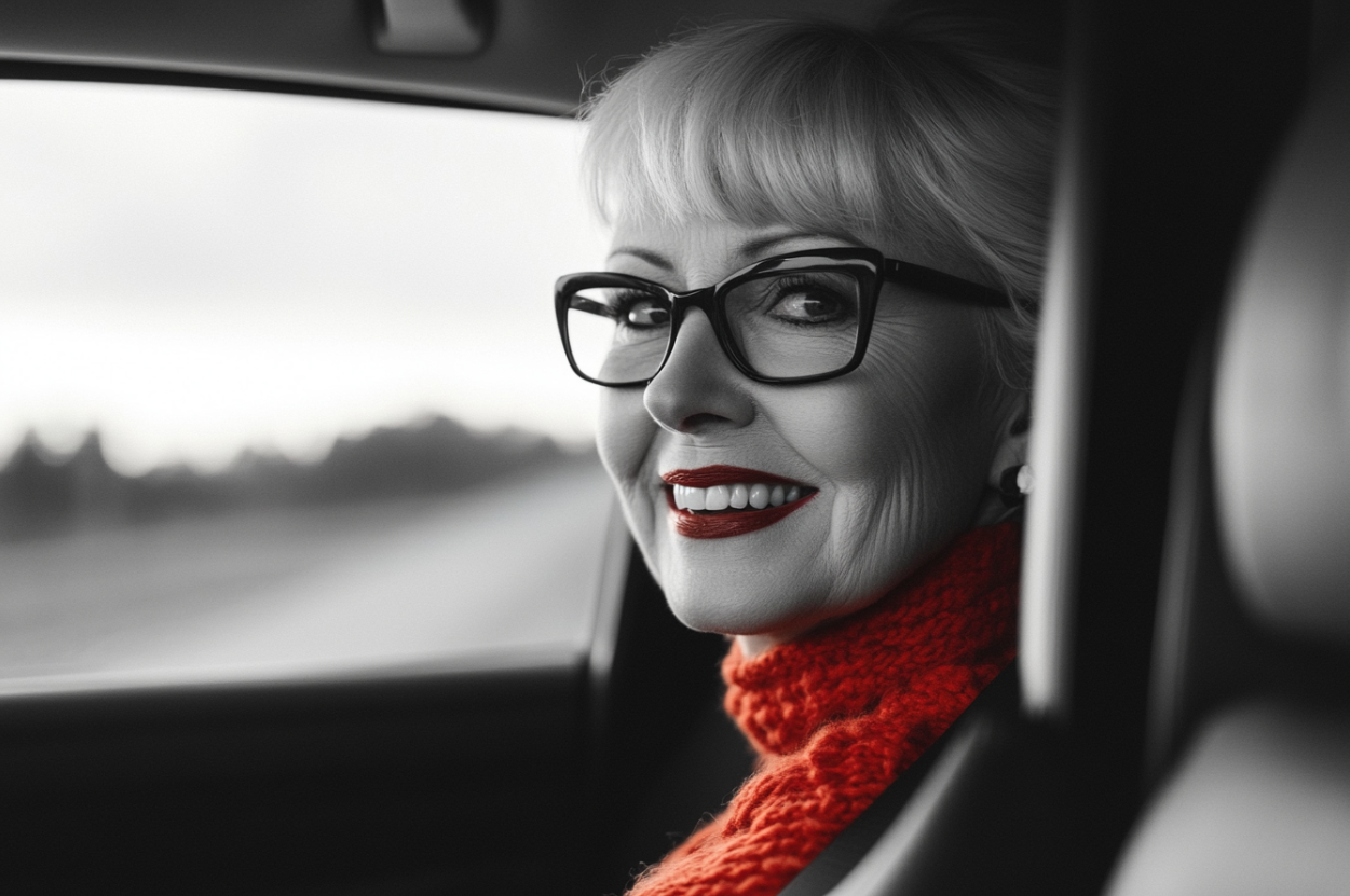 A woman smiling in the passenger seat of a car | Source: Midjourney