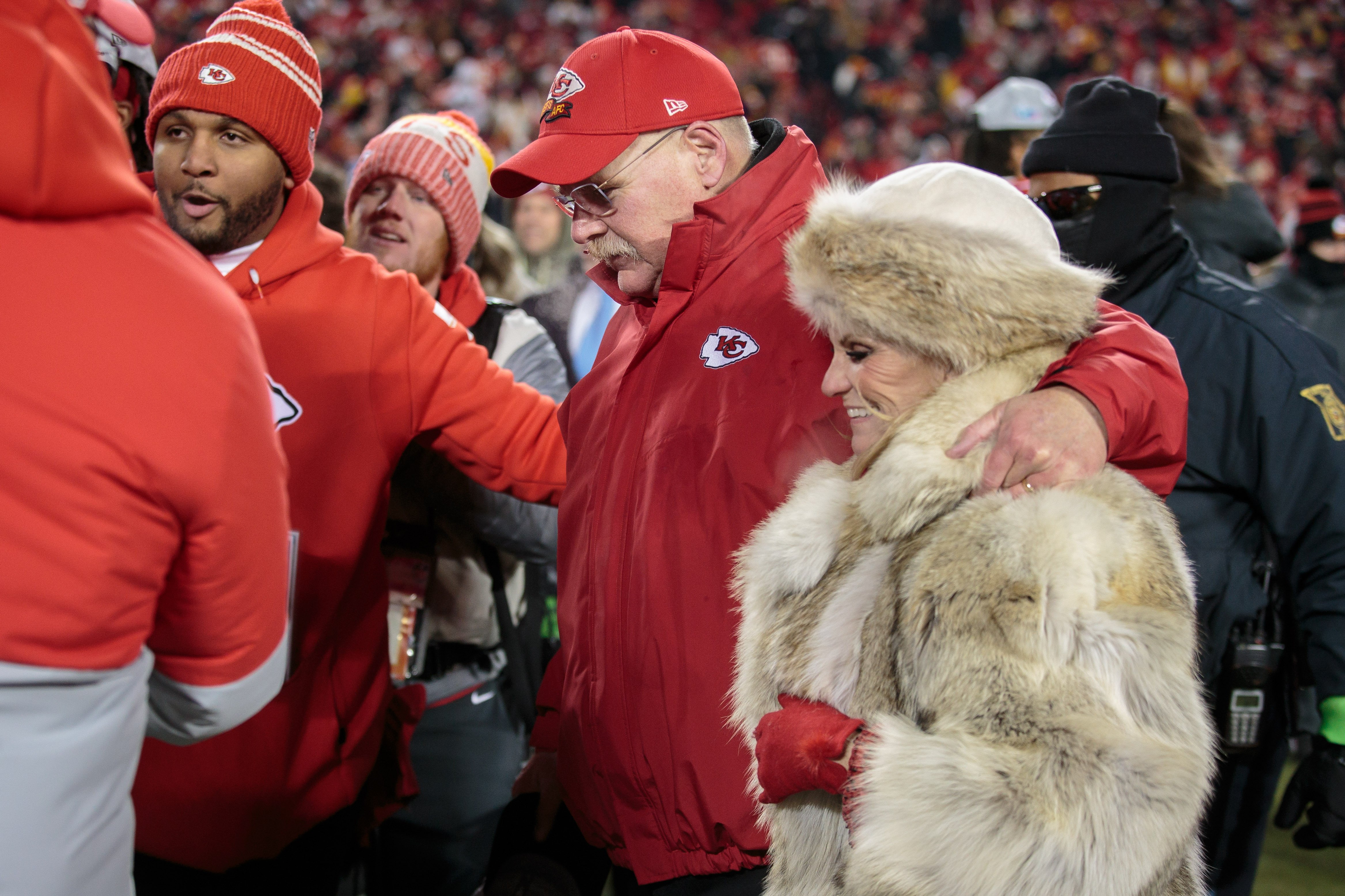 Andy Reid and Tammy Reid after the game against the Cincinnati Bengals on January 29th, 2023, at Arrowhead Stadium in Kansas City, Missouri. | Source: Getty Images