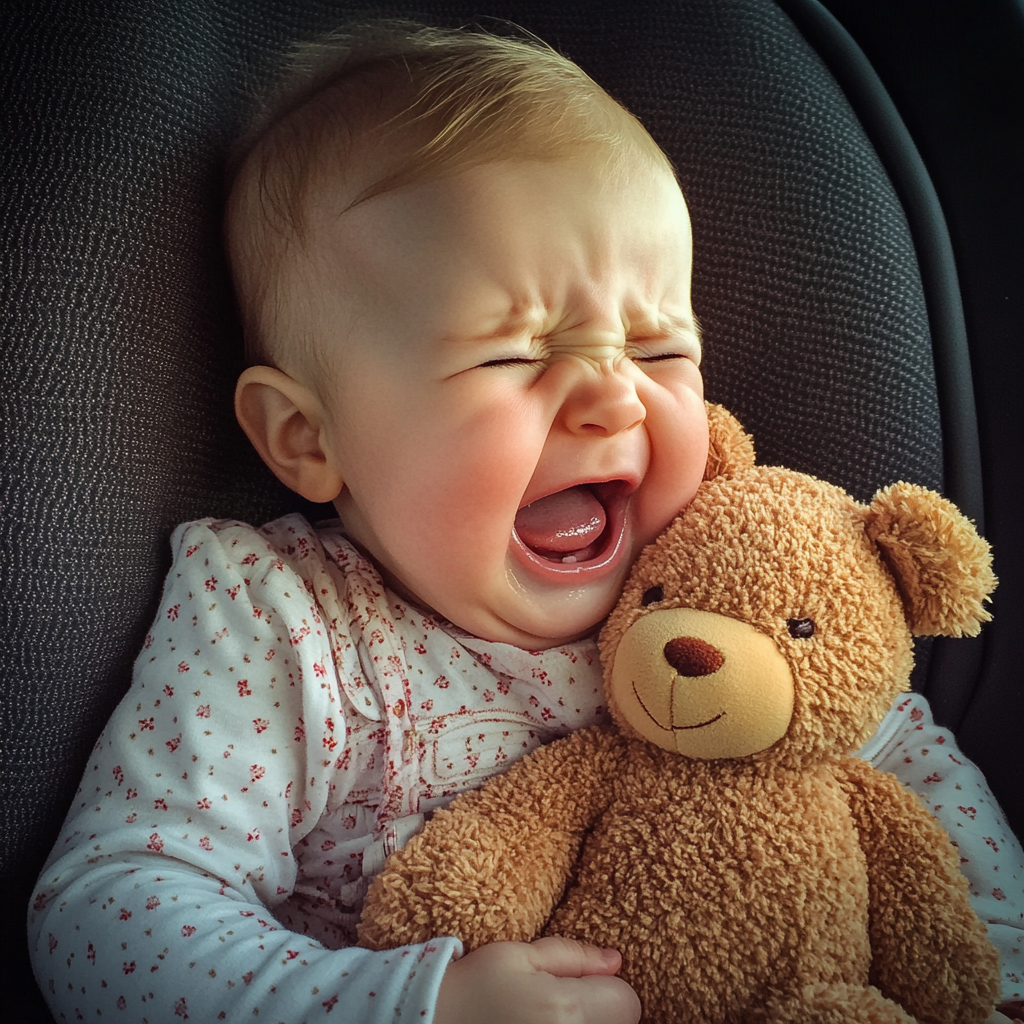 A baby crying in a car | Source: Midjourney