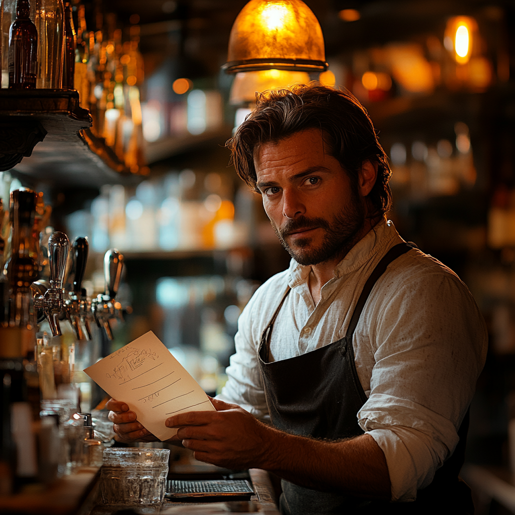 The bartender holding a note | Source: Midjourney