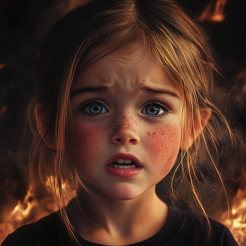 A frightened little girl trapped in a burning building | Source: Midjourney