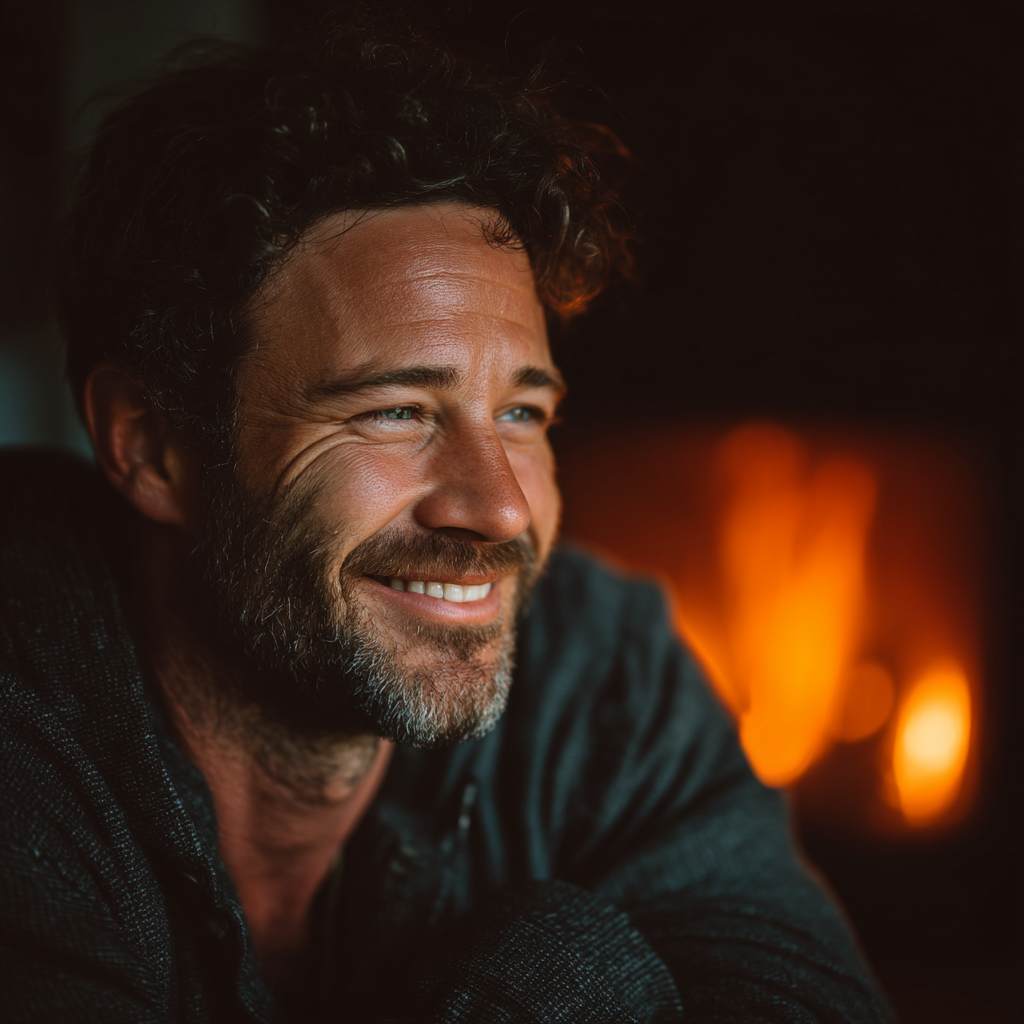 A happy man sitting by the fireplace of his home | Source: Midjourney