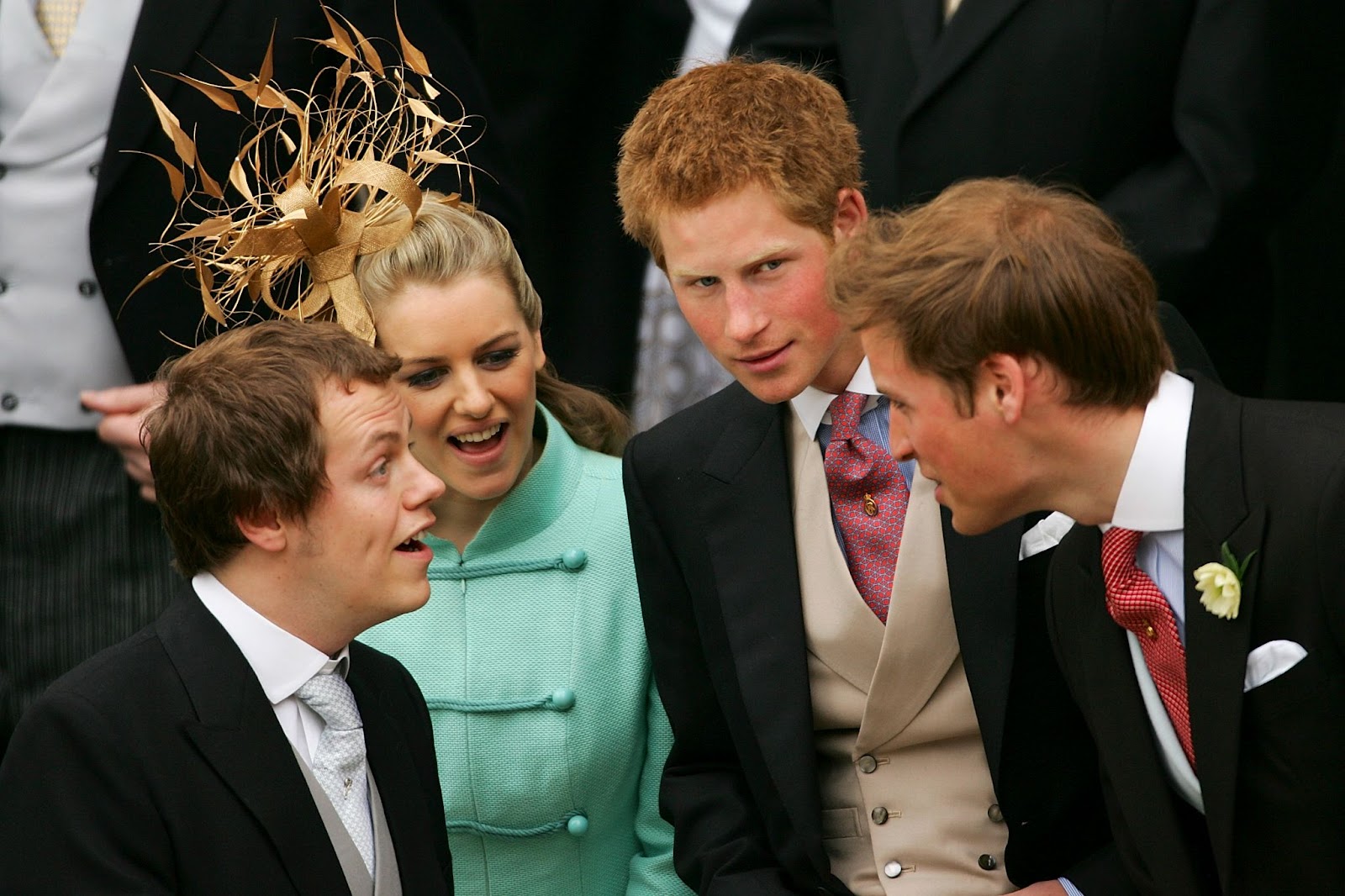 Tom Parker Bowles, Laura Lopes, Prince Harry, and Prince William shared a lighthearted moment on April 9, 2005, during their parents' wedding celebrations in Berkshire, England. The day marked the beginning of a new chapter, blending their two families. | Source: Getty Images