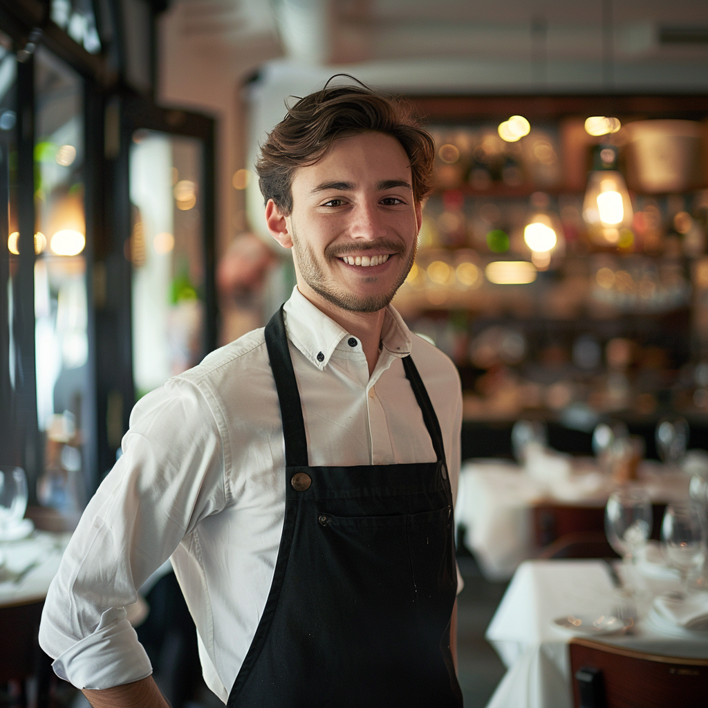 A smiling young waiter | Source: Midjourney