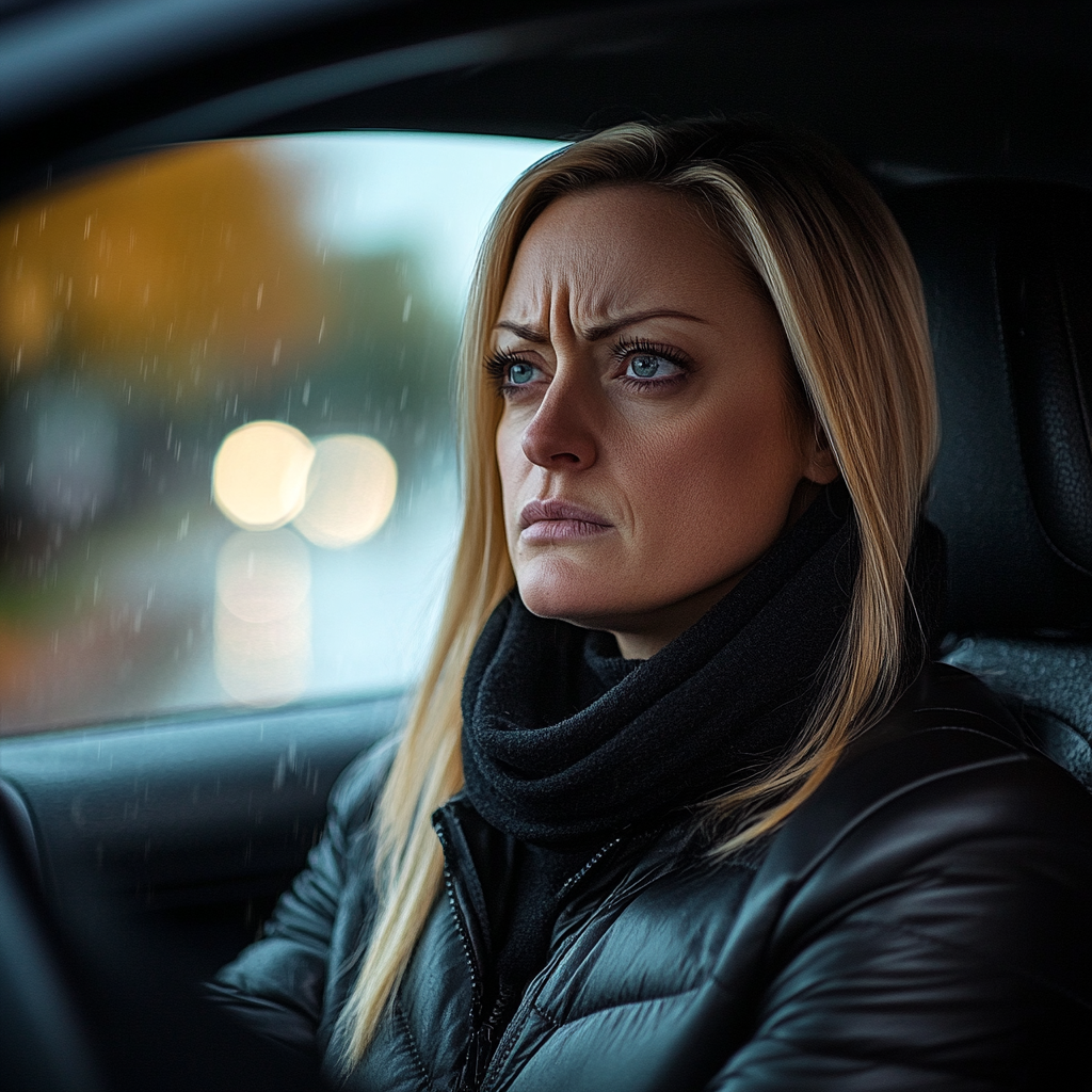 An unhappy woman sitting in the driving seat of her car | Source: Midjourney