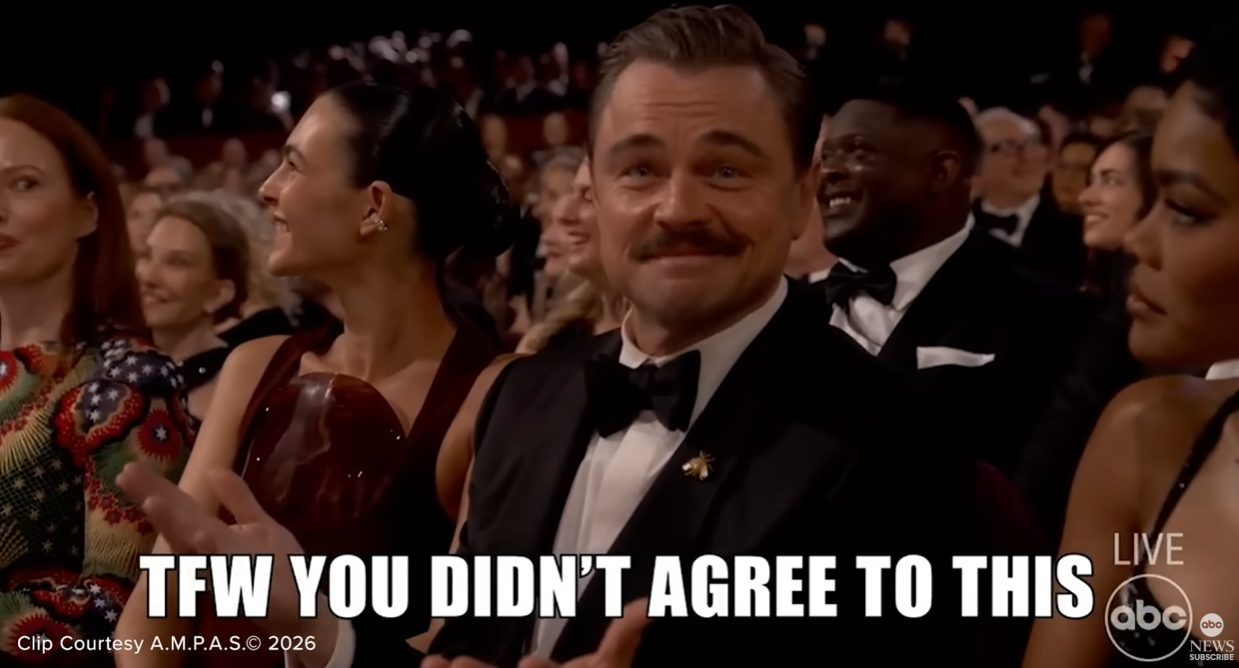 Leonardo DiCaprio seated during the Oscars 2026 as seen in a video posted on March 15, 2026 | Source: YouTube/ABC News