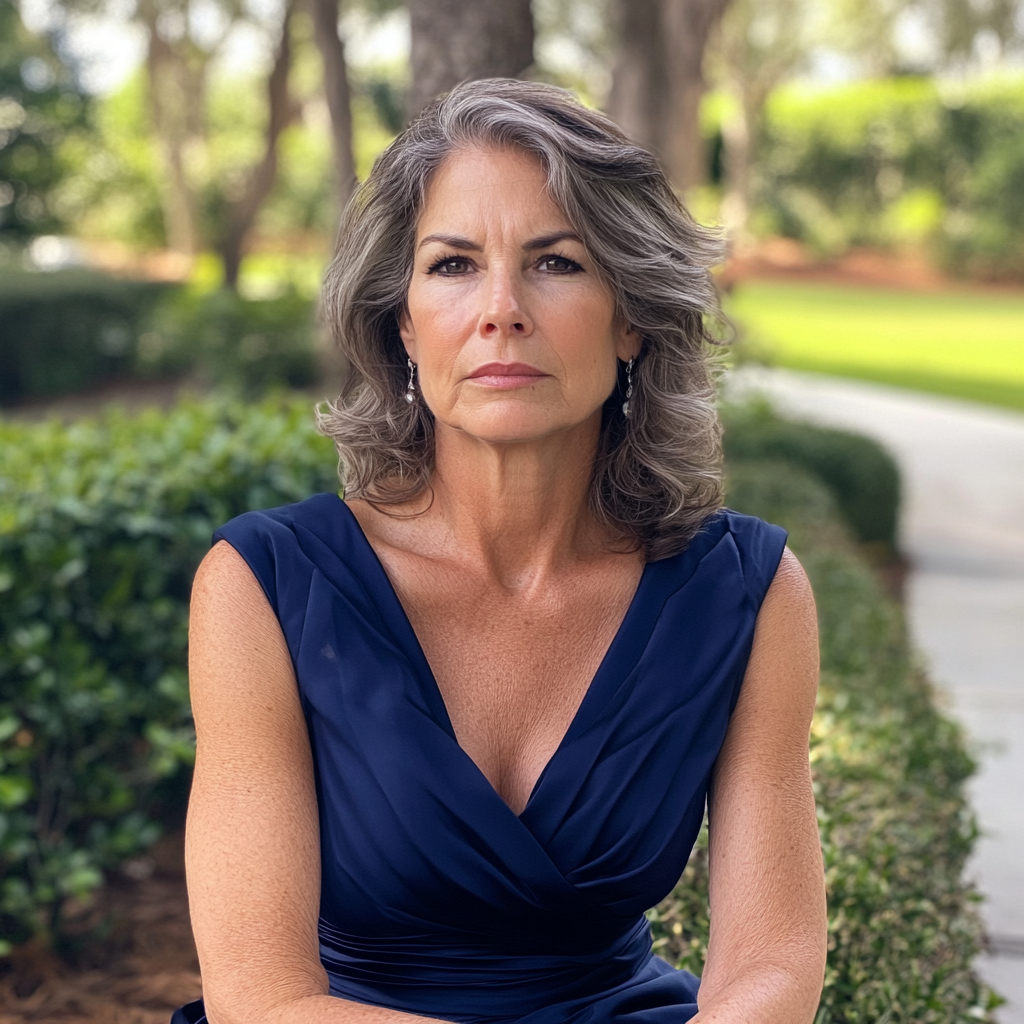 A woman sitting outside in a navy dress | Source: Midjourney