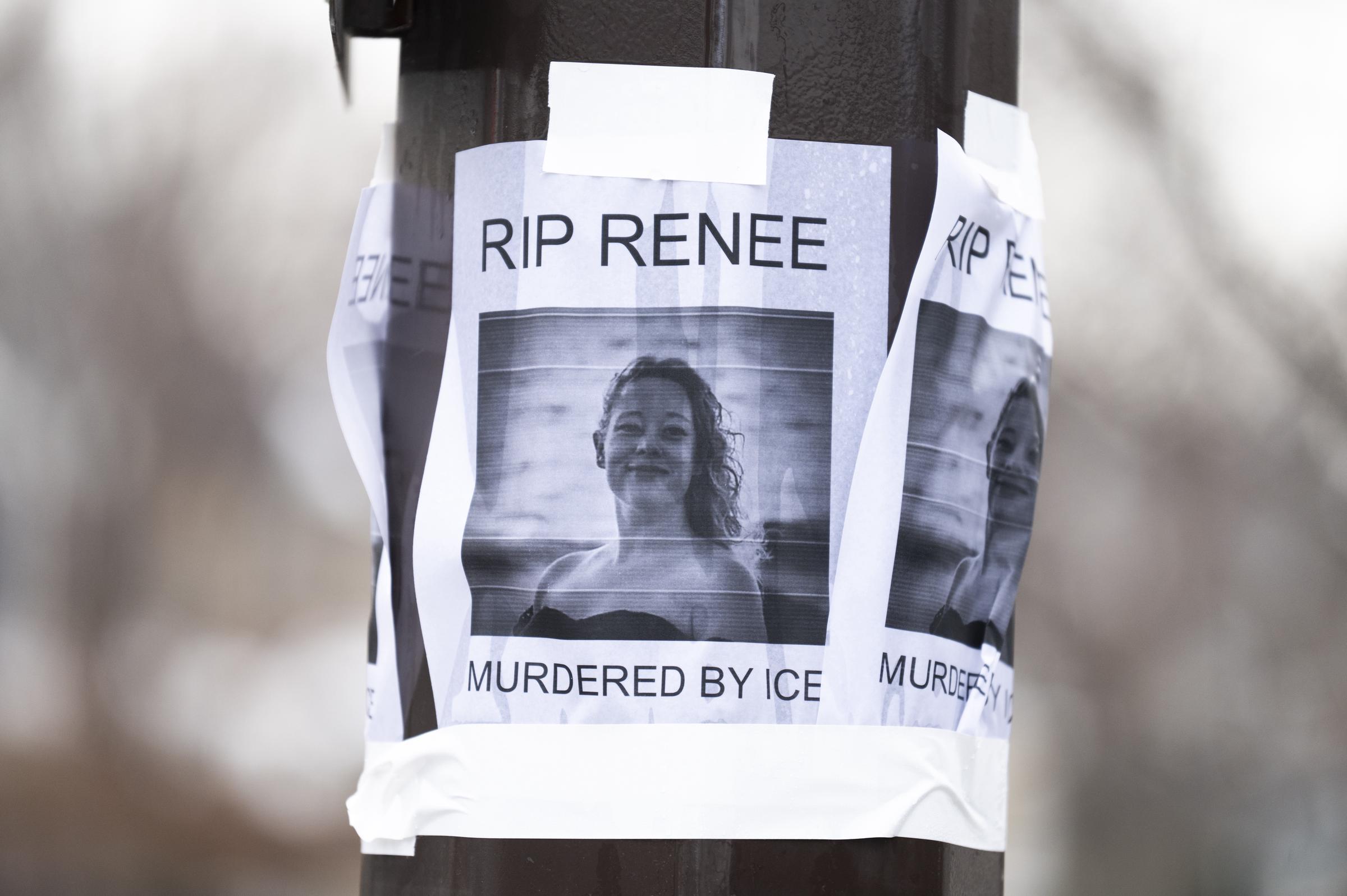A portrait of Renee Nicole Good is pasted to a light pole near the site of her shooting on January 8, 2026 in Minneapolis, Minnesota | Source: Getty Images