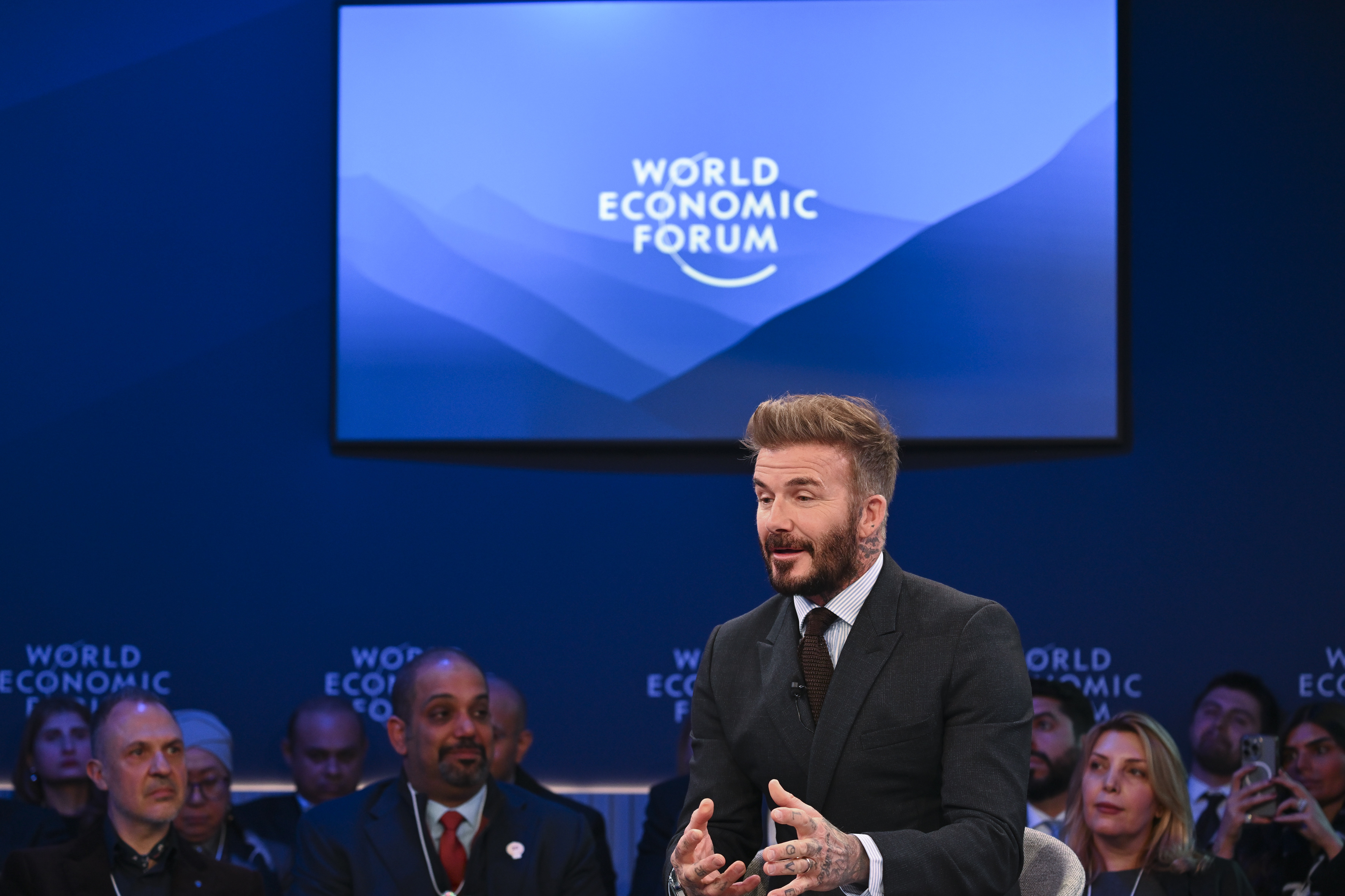 David Beckham speaks during a session at the World Economic Forum in Davos, Switzerland, on January 21, 2025 | Source: Getty Images