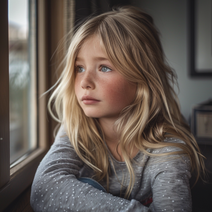 A sad and thoughtful little girl staring out the window | Source: Midjourney