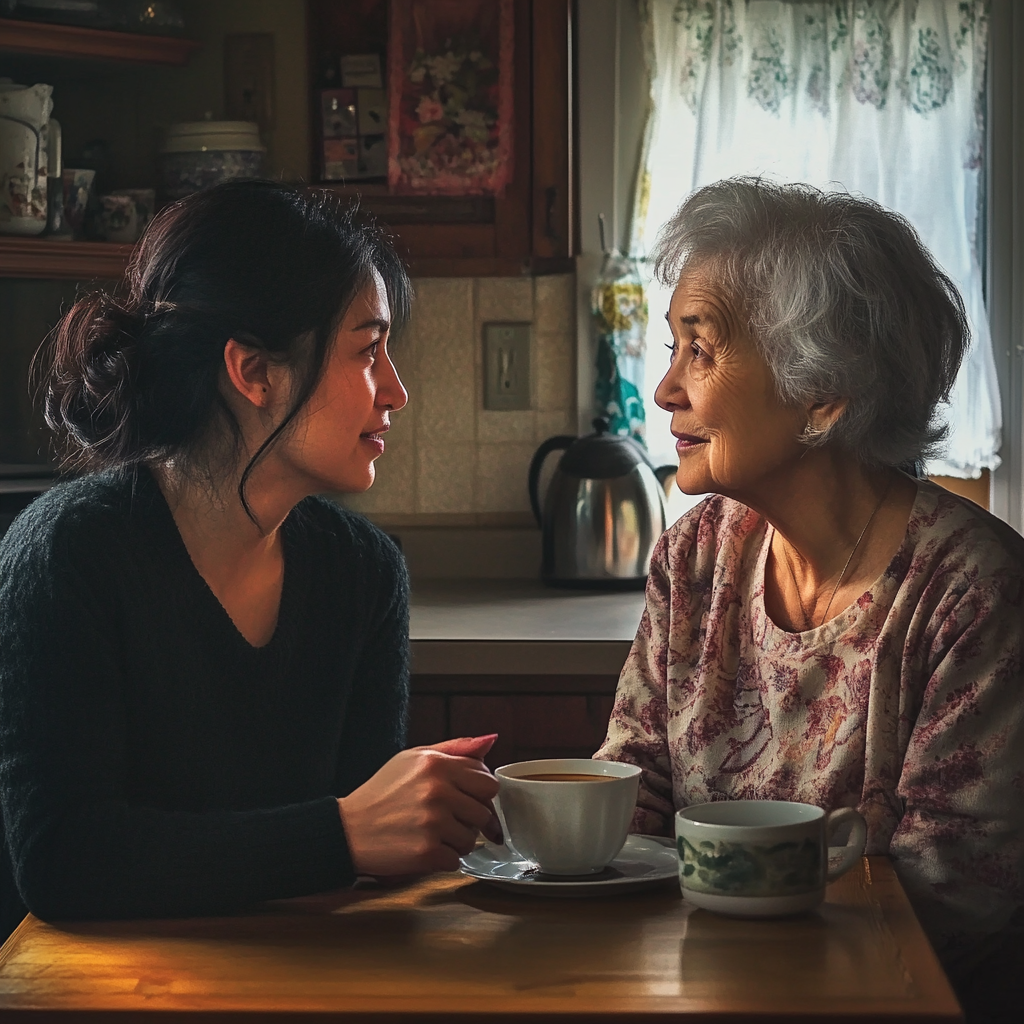 The woman sitting down with her mother-in-law, talking over coffee | Source: Midjourney