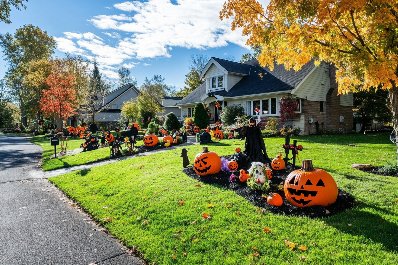My Neighbor Threw Eggs at My Car Because It Was 'Blocking the View' of His Elaborate Halloween Display 3 Halloween decorations in a front yard | Source: Midjourney
