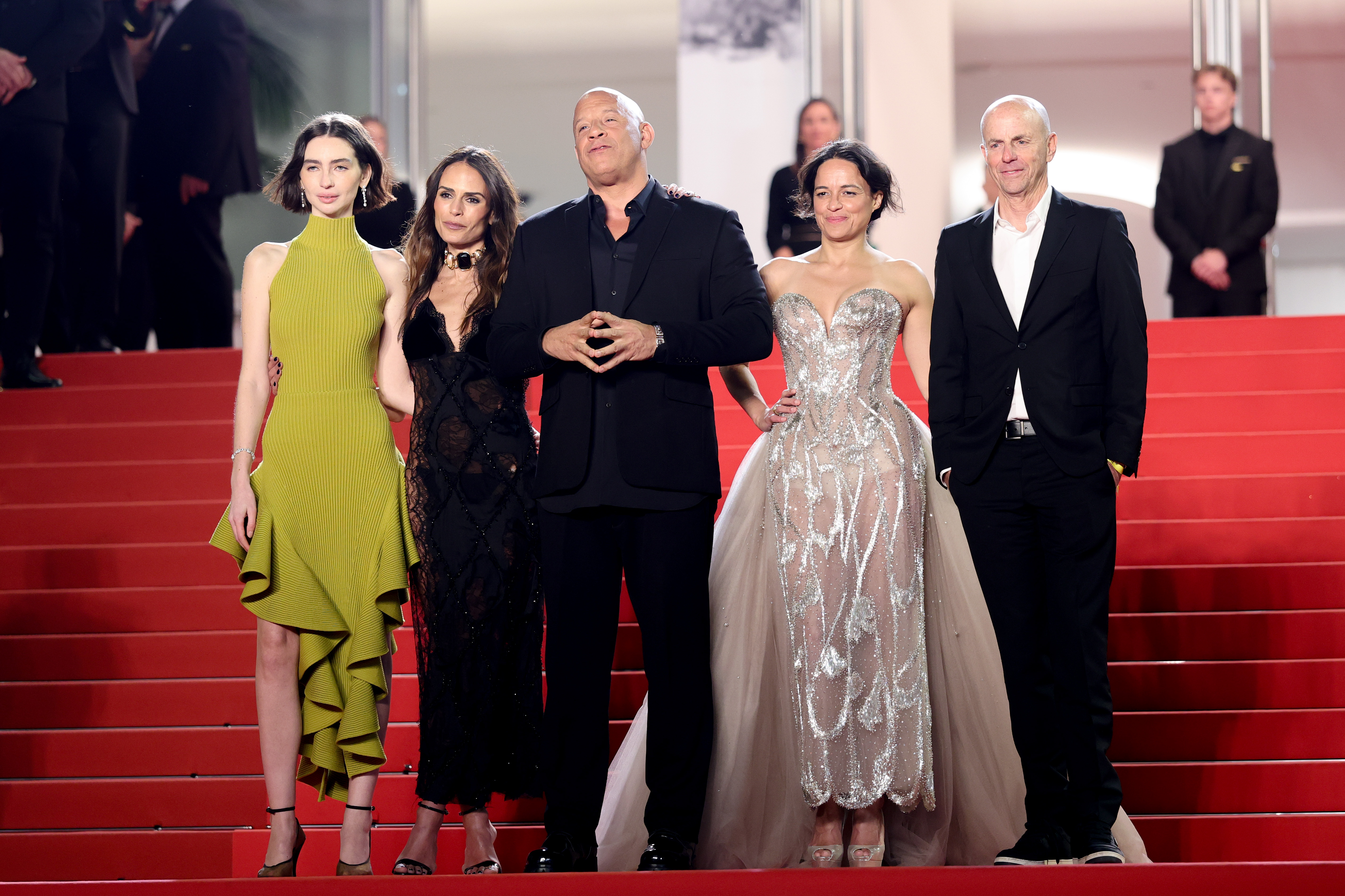Meadow Walker, Jordana Brewster, Vin Diesel, Michelle Rodriguez and Neal H. Moritz attend the "The Fast And The Furious" screening during the annual Cannes Film Festival at Palais des Festivals on May 13, 2026, in Cannes, France | Source: Getty Images