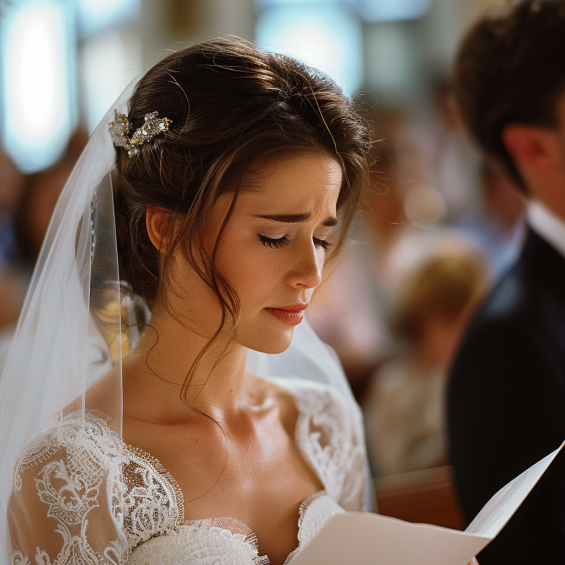 An emotional bride reading a letter next to the groom at the altar | Source: Midjourney