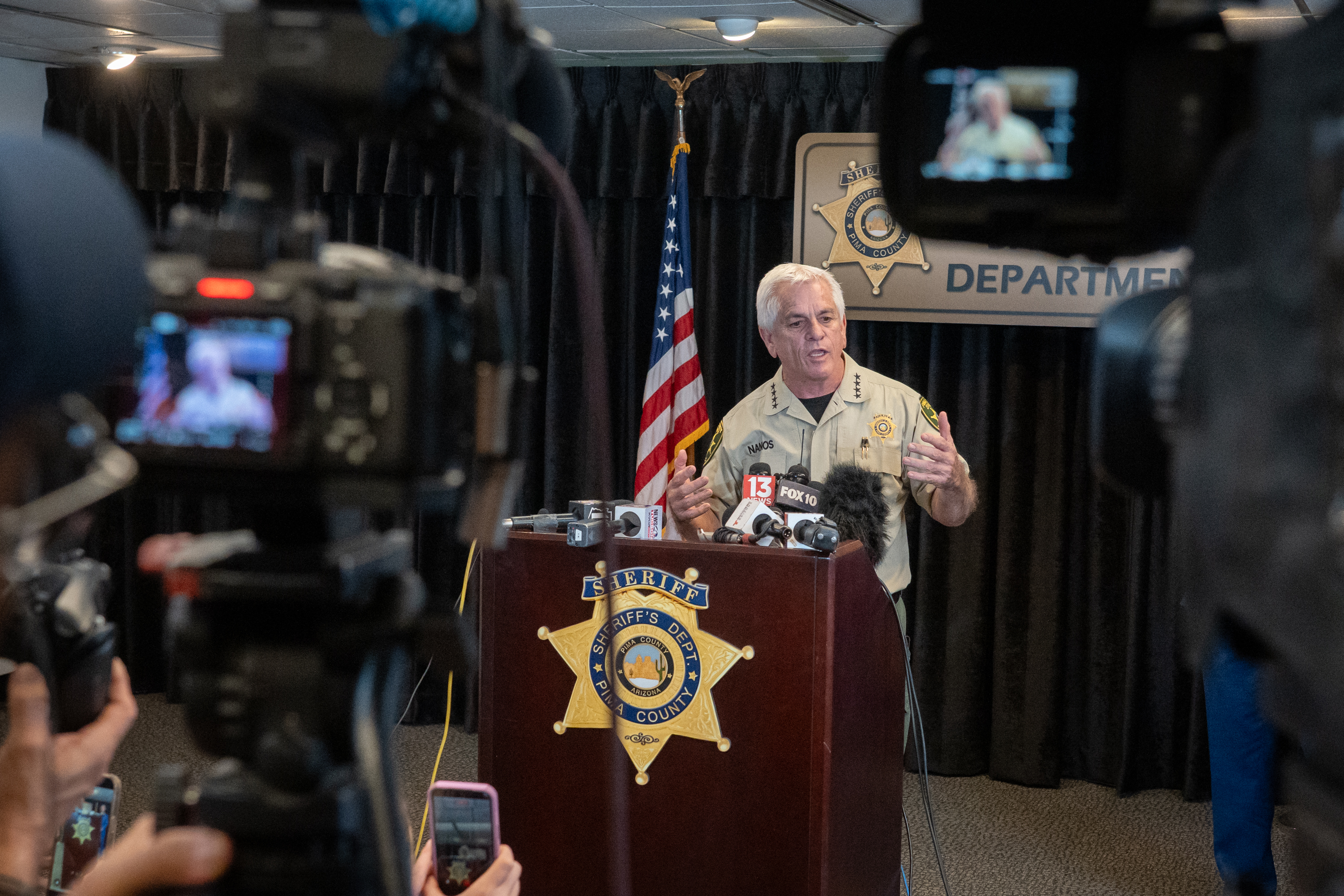 Pima County Sheriff, Chris Nanos, speaks to the media on February 3, 2026, in Tucson, Arizona. | Source: Getty Images