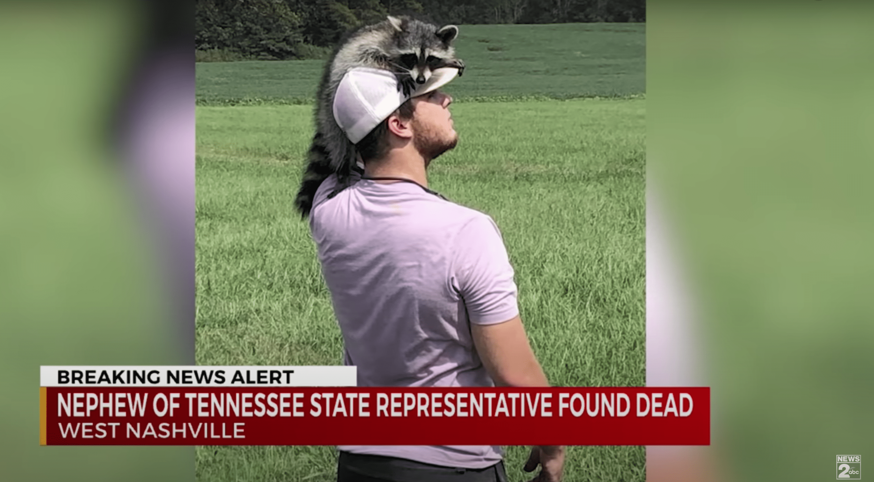 A young man who was tragically shot dead is pictured before his death enjoying nature as a racoon sits on his head | Photo: Youtube/WKRN News 2